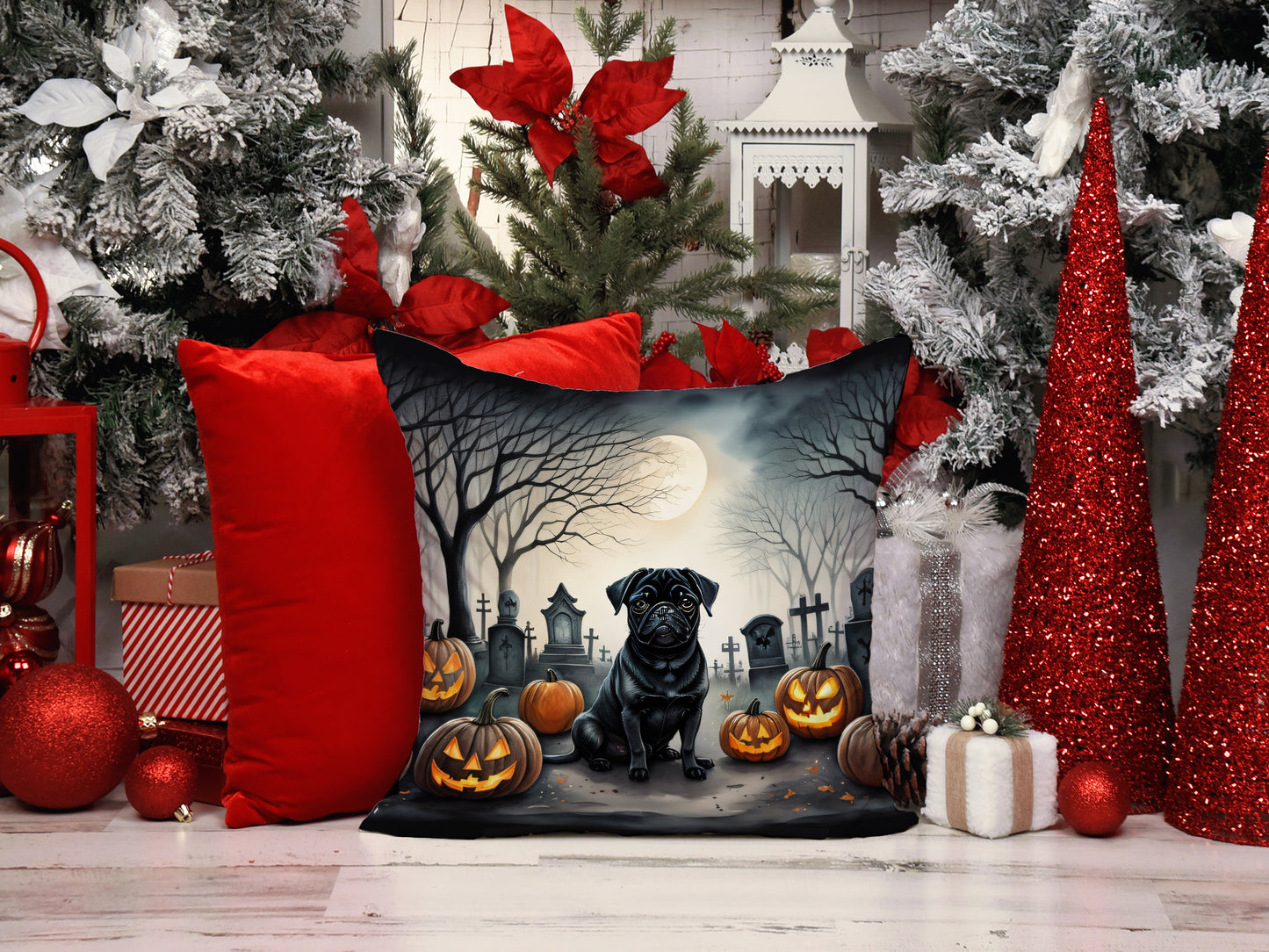 Black Pug Spooky Halloween Throw Pillow