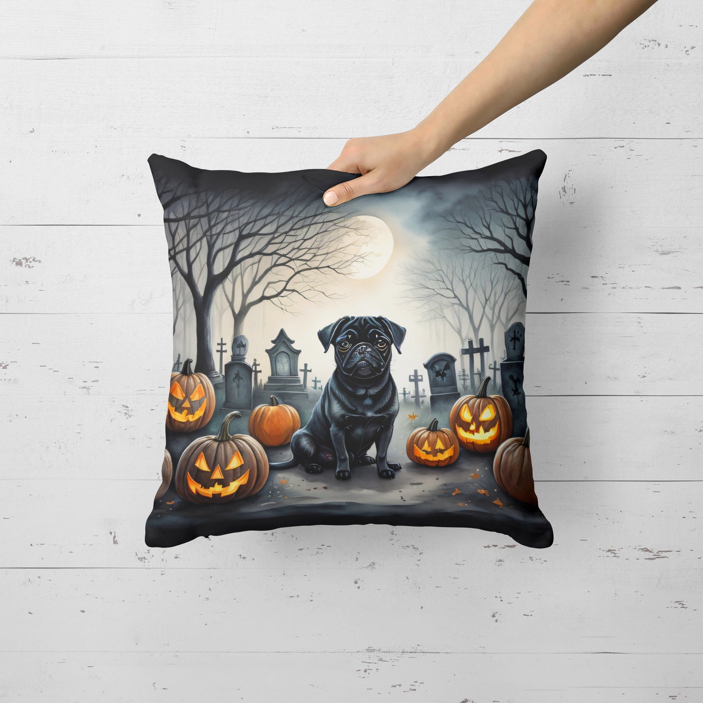 Black Pug Spooky Halloween Throw Pillow