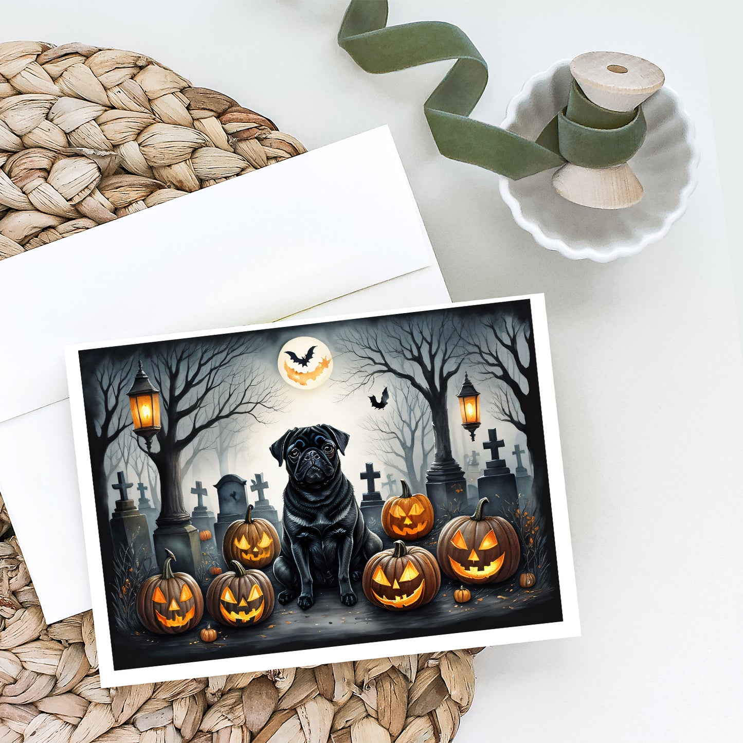 Black Pug Spooky Halloween Greeting Cards Pack of 8