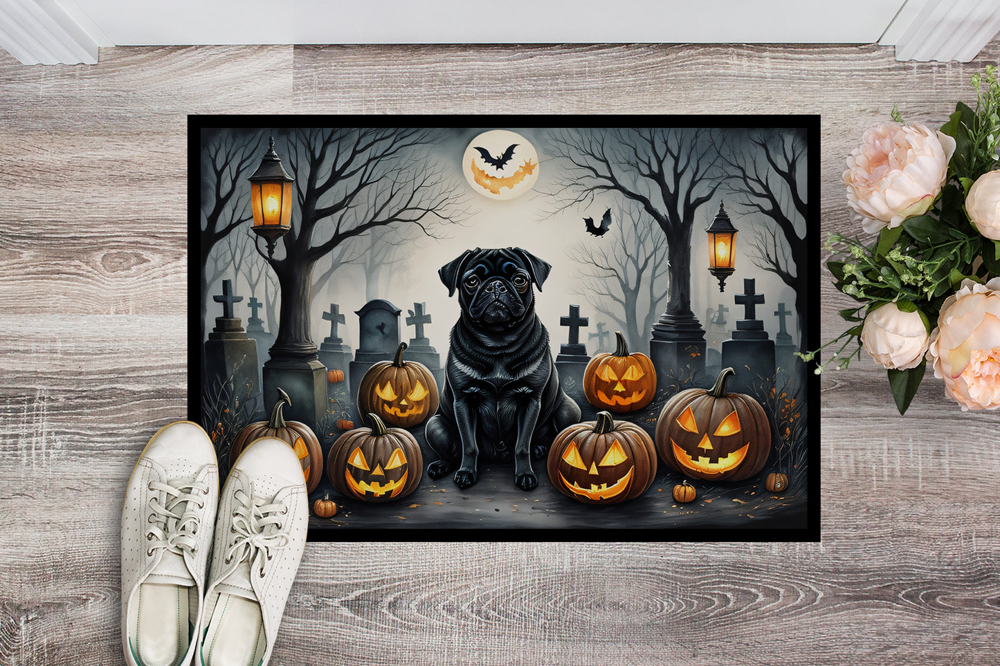 Black Pug Spooky Halloween Doormat