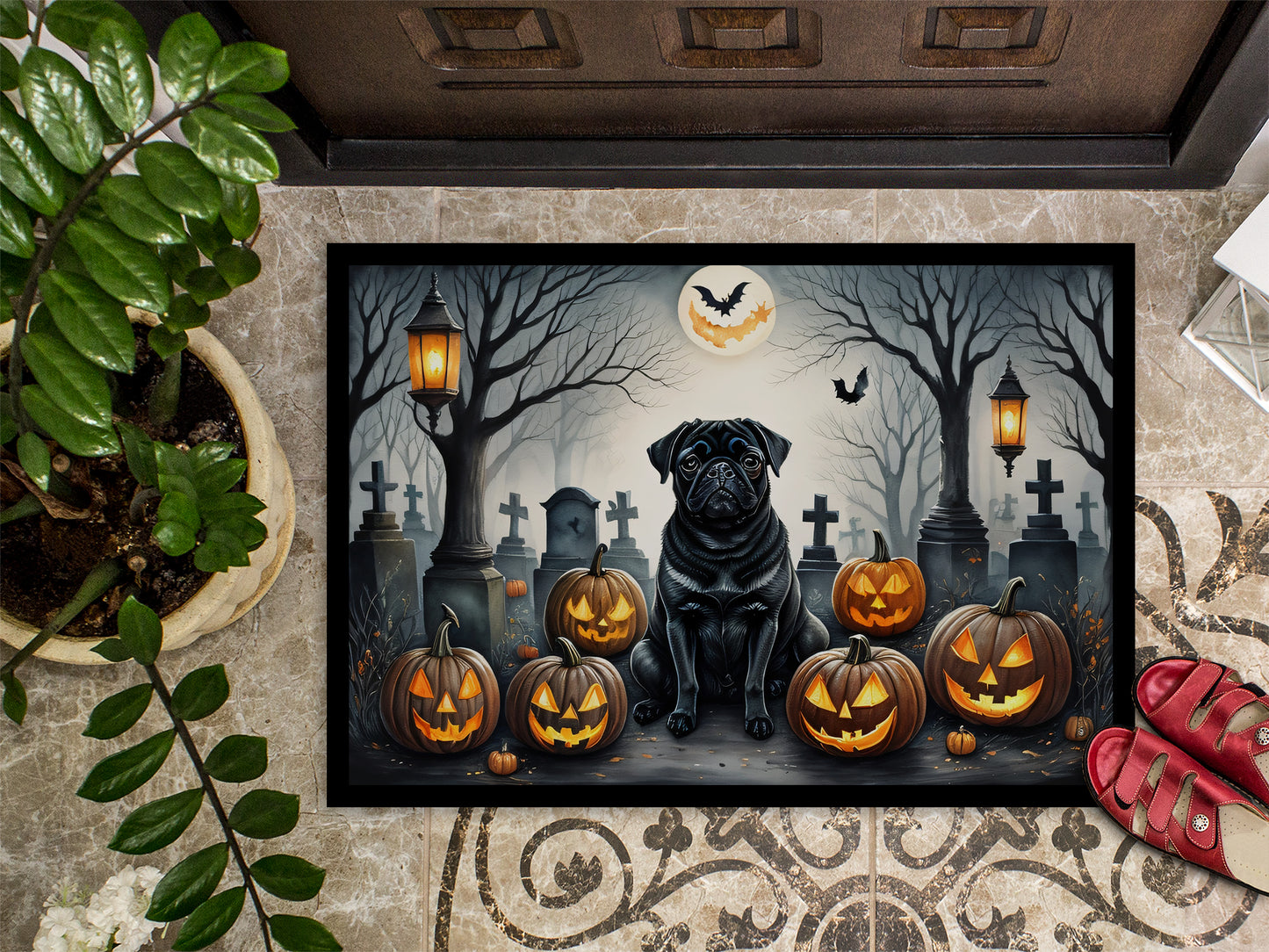 Black Pug Spooky Halloween Doormat