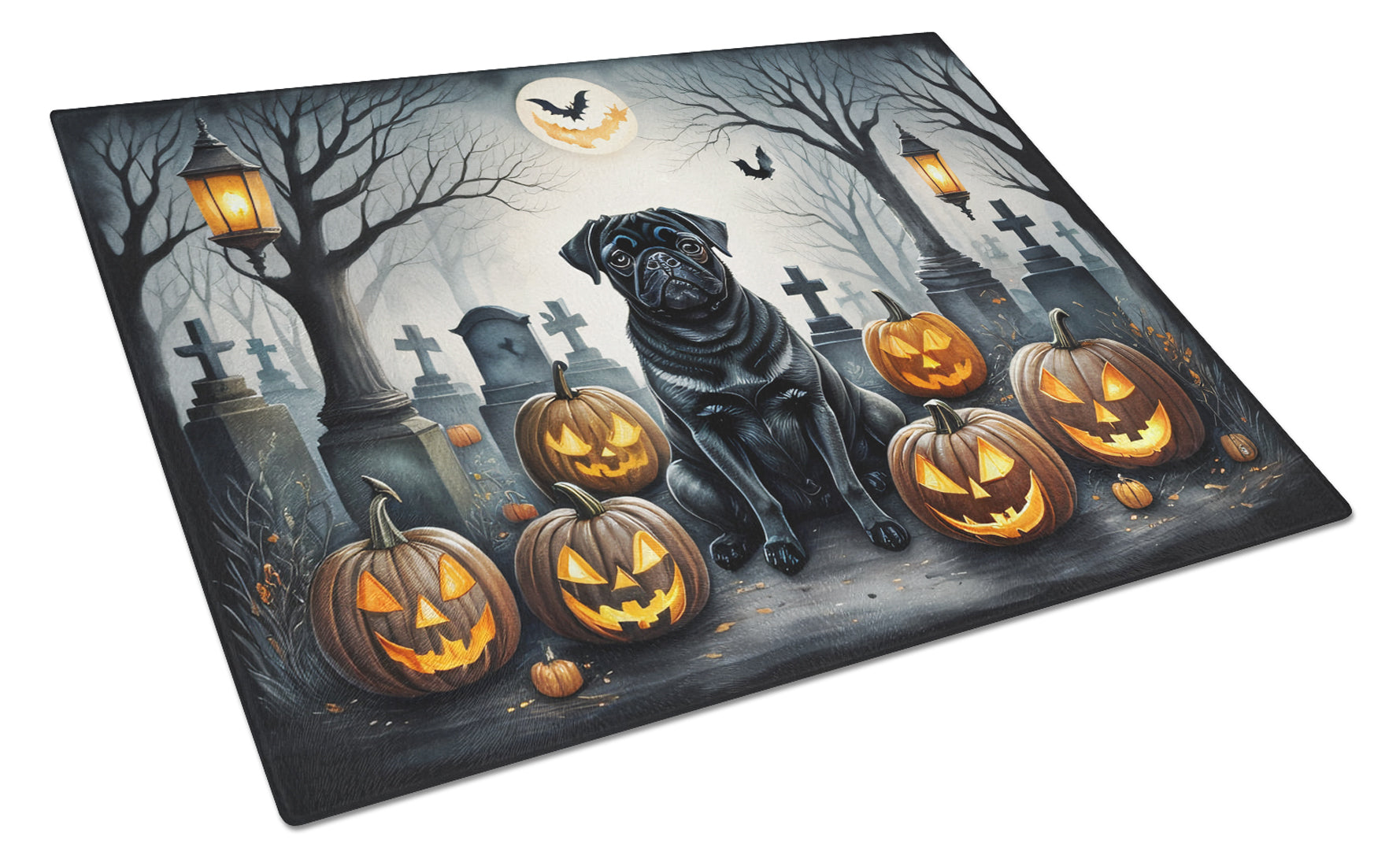 Buy this Black Pug Spooky Halloween Glass Cutting Board