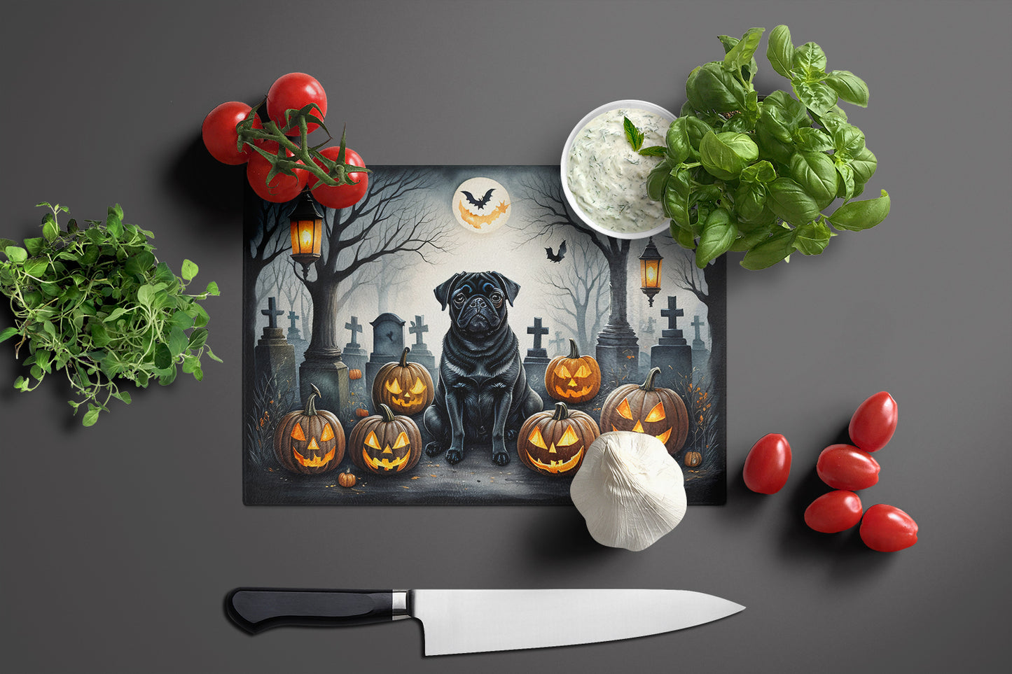 Black Pug Spooky Halloween Glass Cutting Board