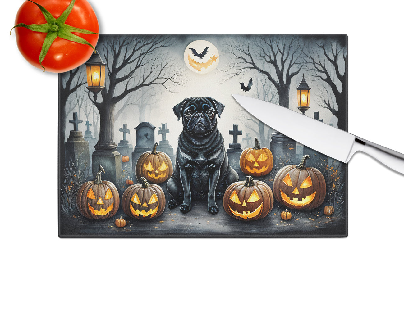 Black Pug Spooky Halloween Glass Cutting Board