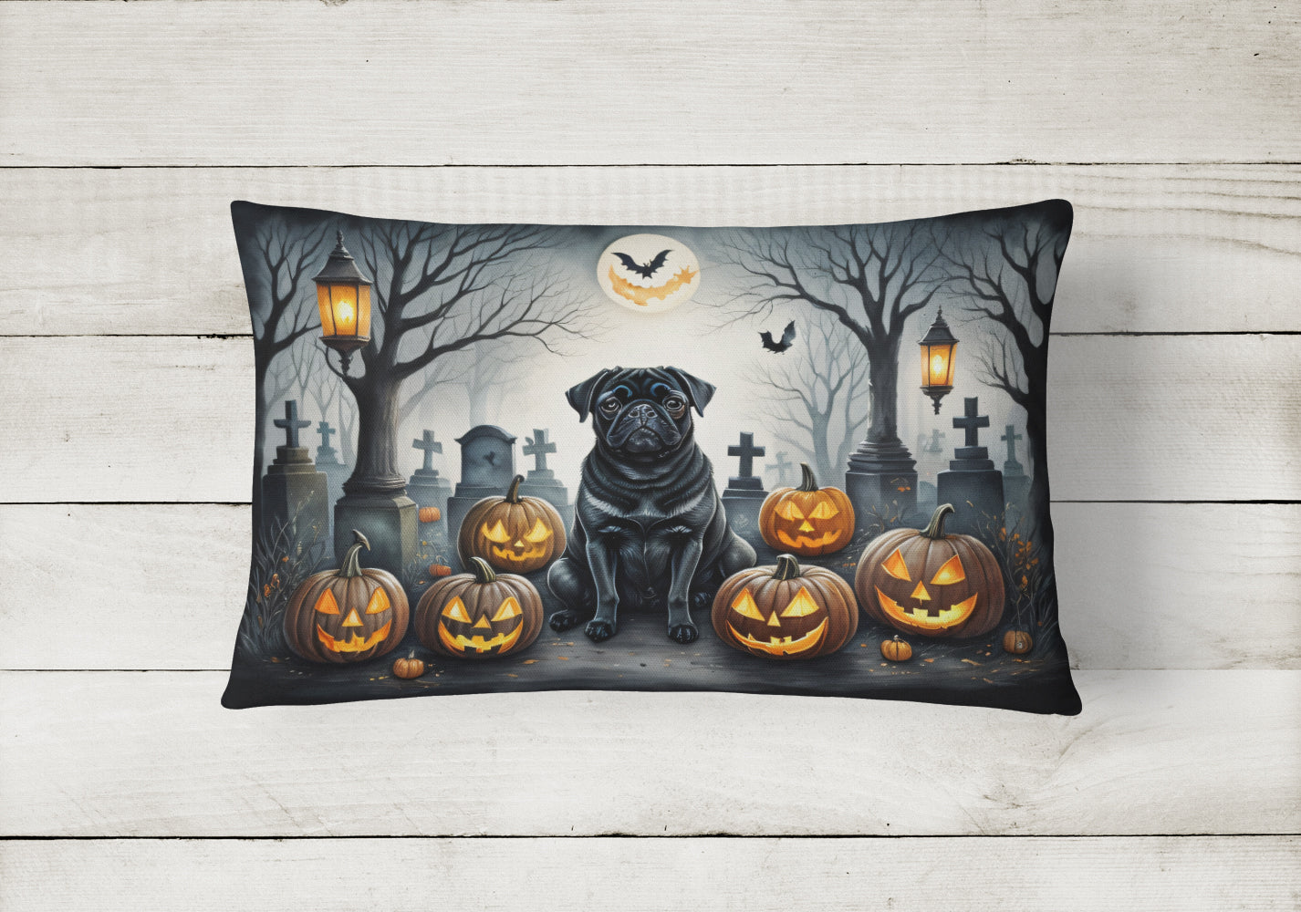 Black Pug Spooky Halloween Throw Pillow