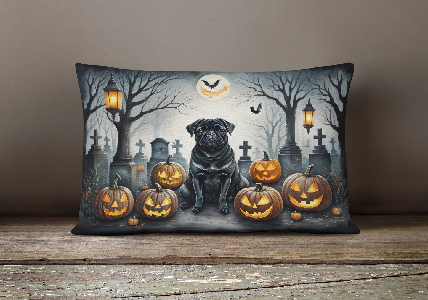 Black Pug Spooky Halloween Throw Pillow