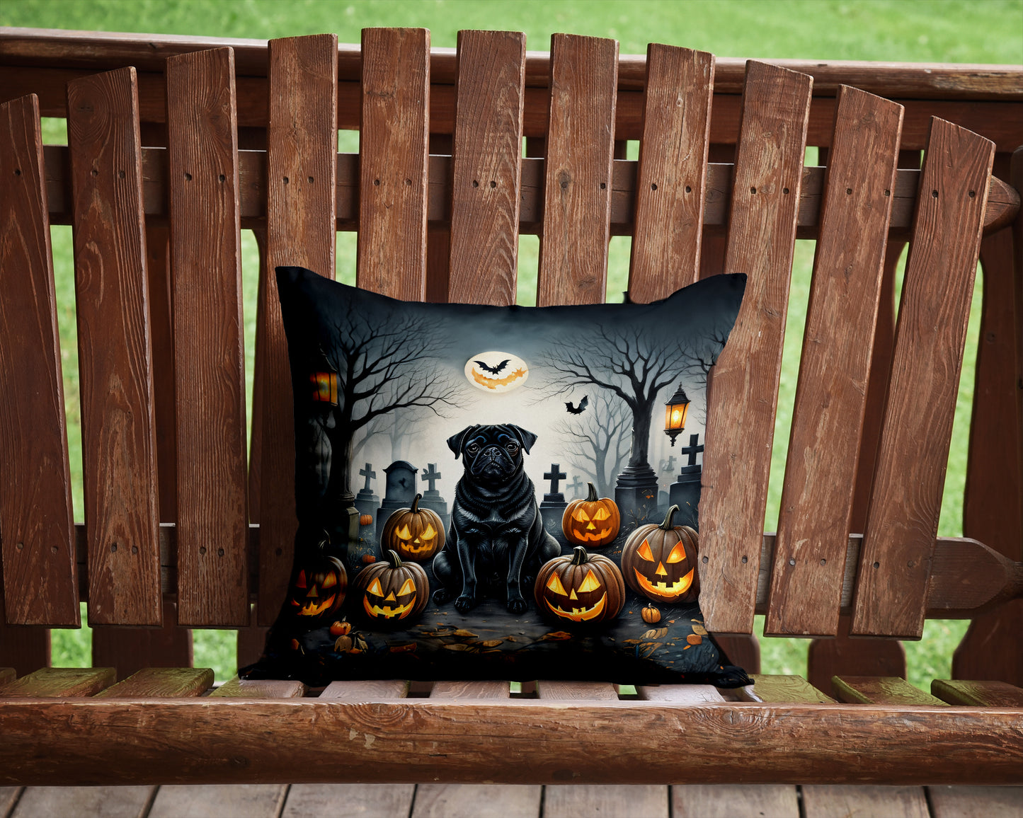 Black Pug Spooky Halloween Throw Pillow