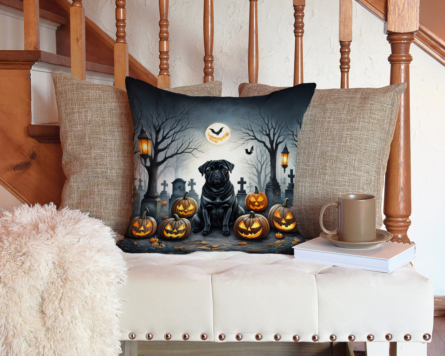 Black Pug Spooky Halloween Throw Pillow