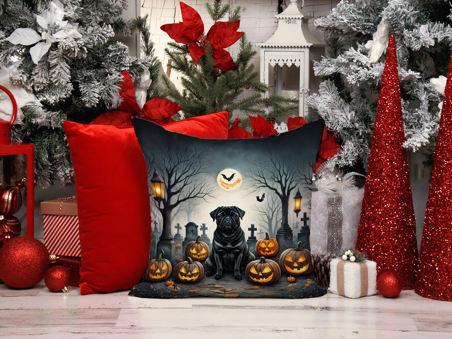 Black Pug Spooky Halloween Throw Pillow