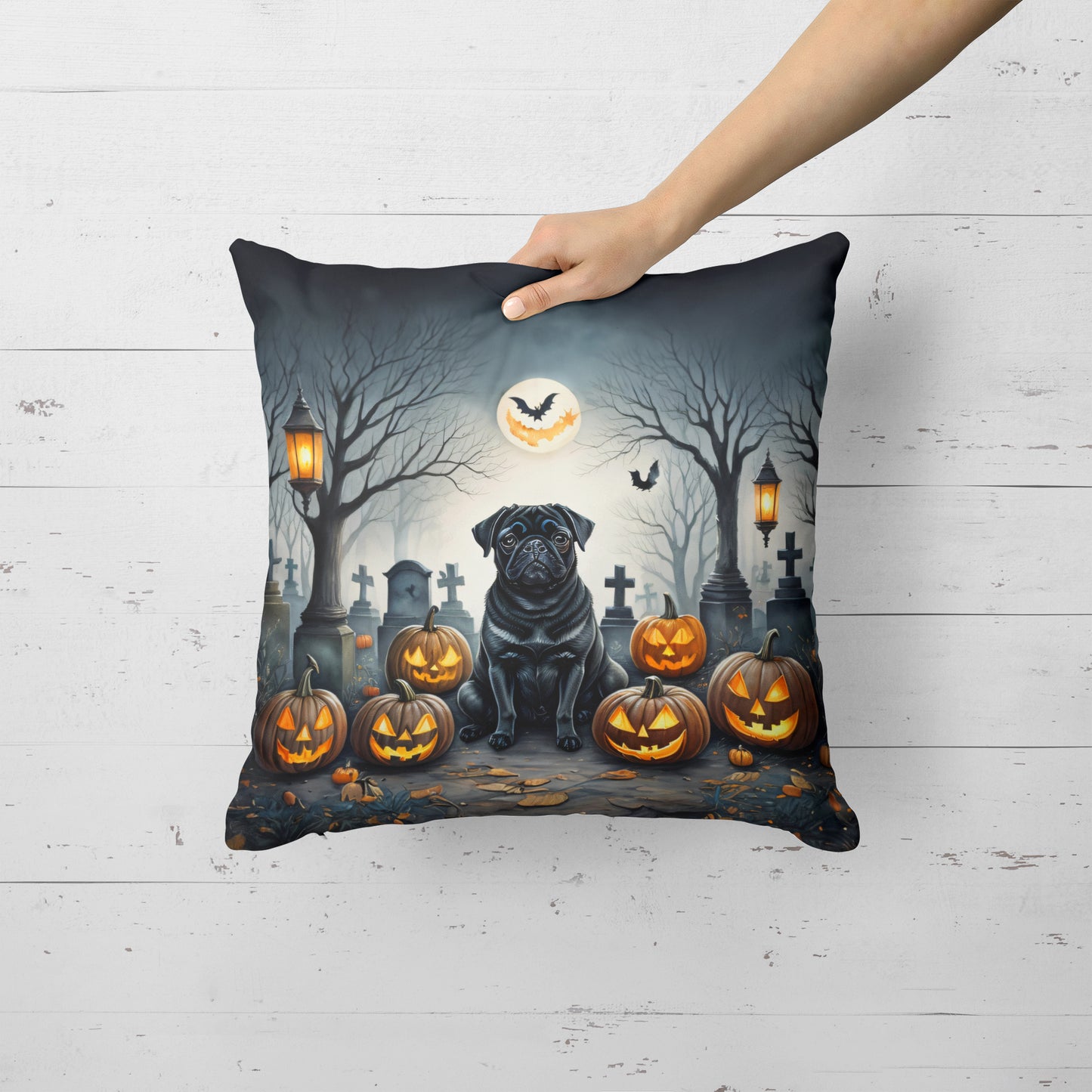 Black Pug Spooky Halloween Throw Pillow