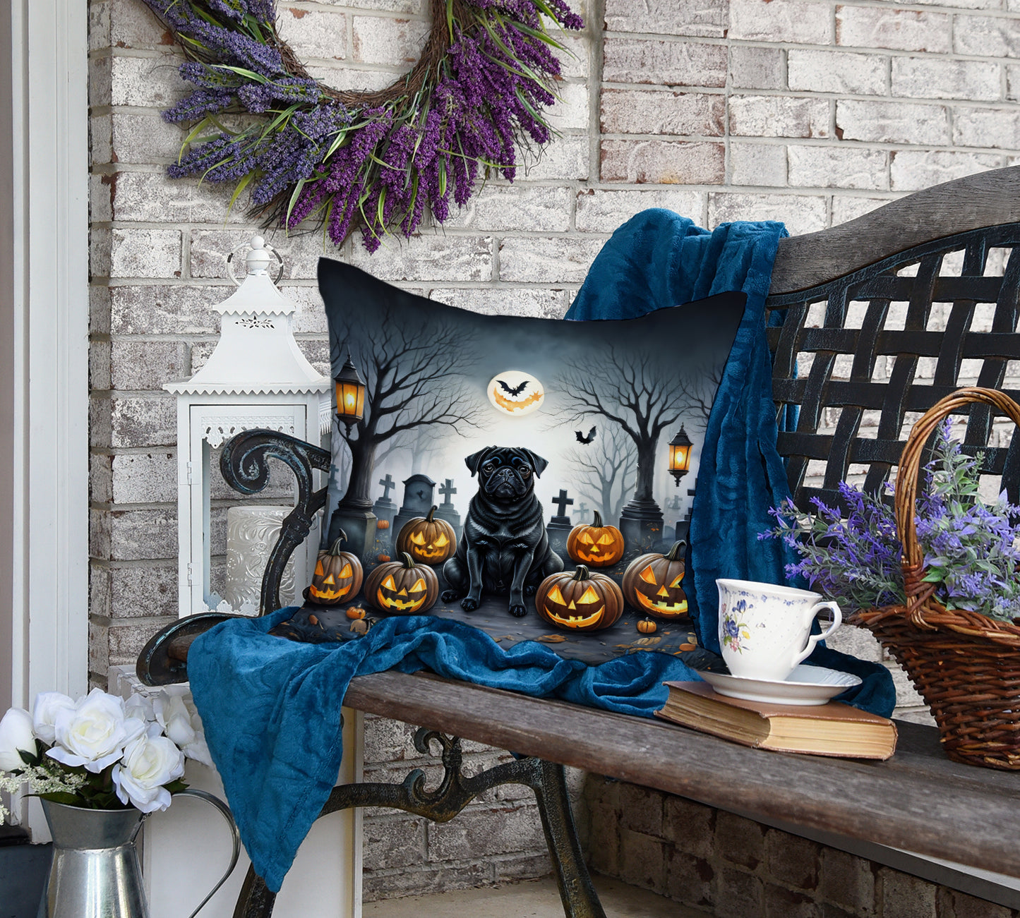 Black Pug Spooky Halloween Throw Pillow