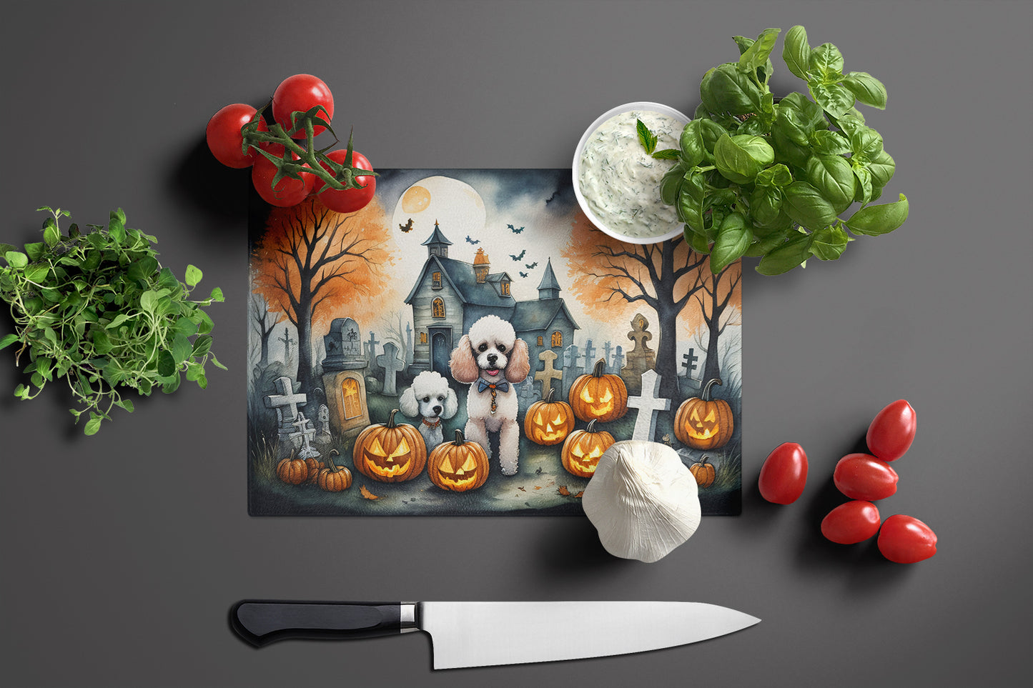 Poodle Spooky Halloween Glass Cutting Board