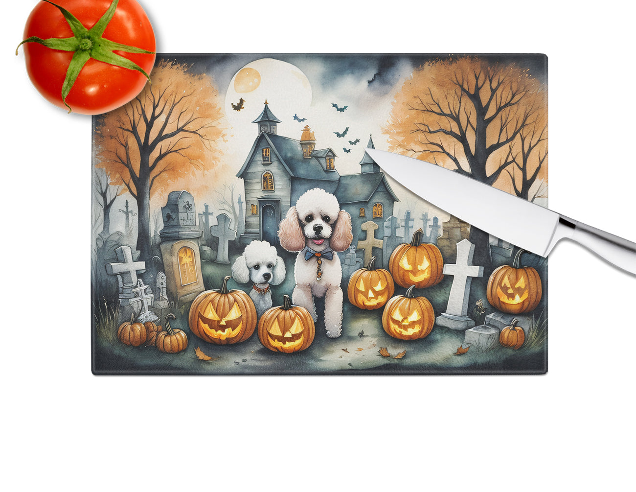 Poodle Spooky Halloween Glass Cutting Board