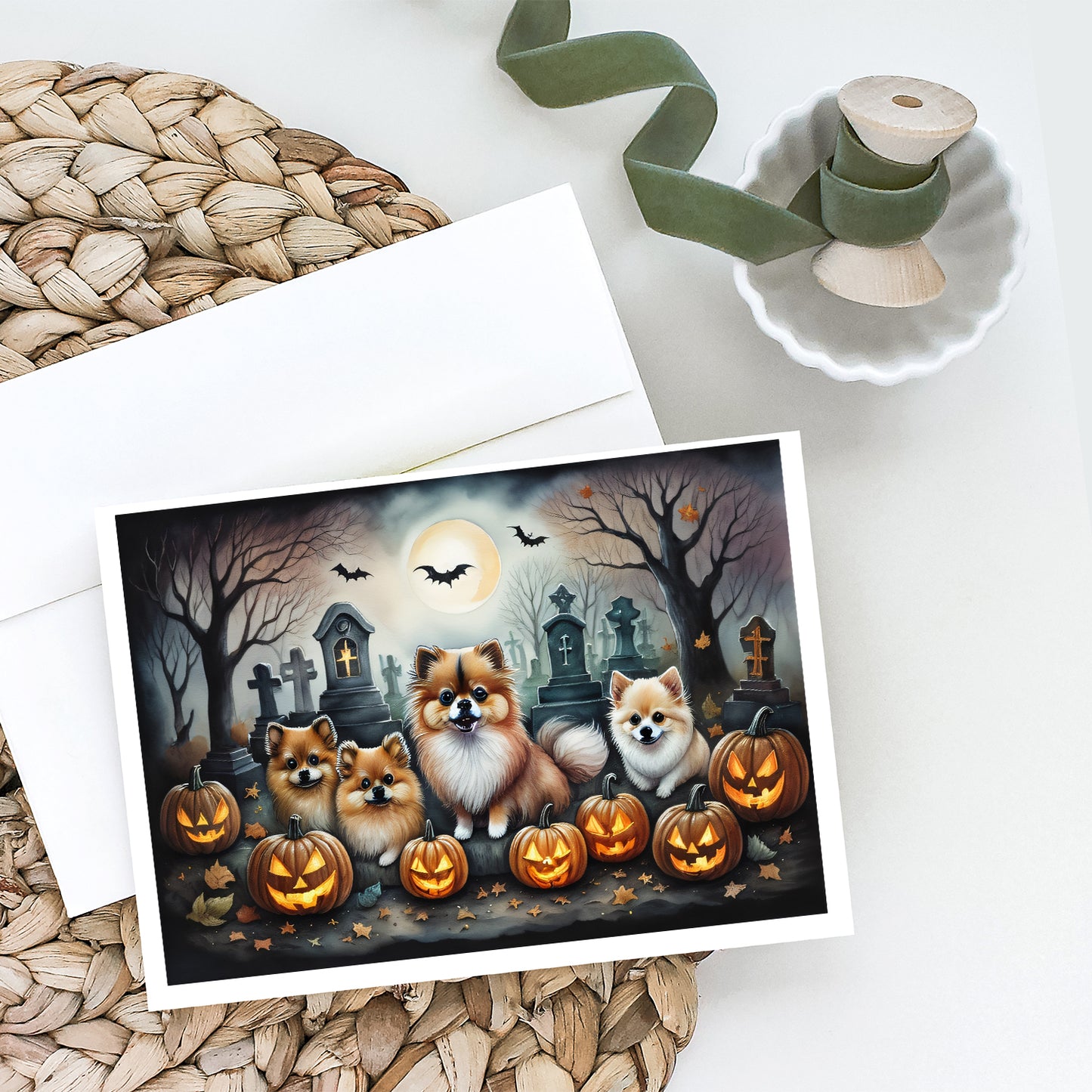 Pomeranian Spooky Halloween Greeting Cards Pack of 8