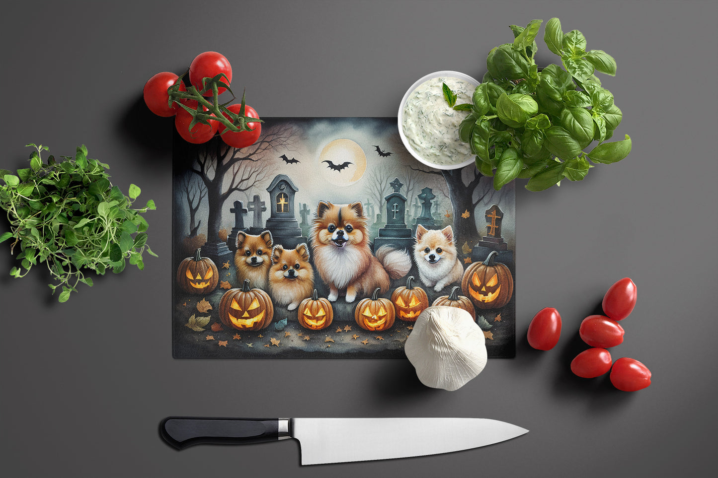 Pomeranian Spooky Halloween Glass Cutting Board