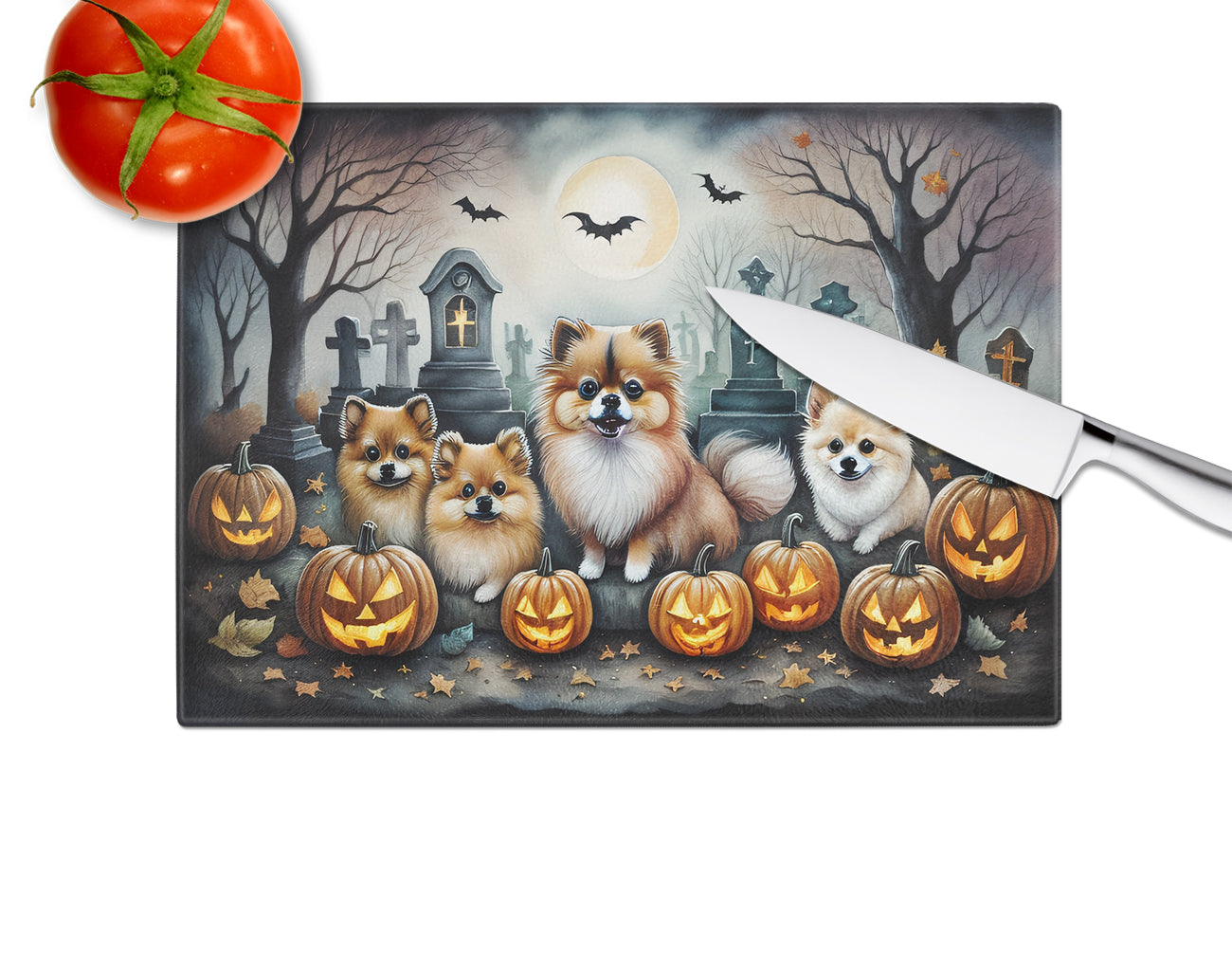 Pomeranian Spooky Halloween Glass Cutting Board