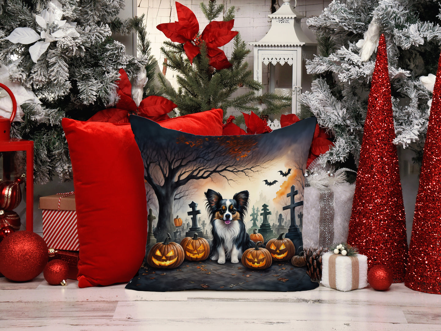 Papillon Spooky Halloween Throw Pillow