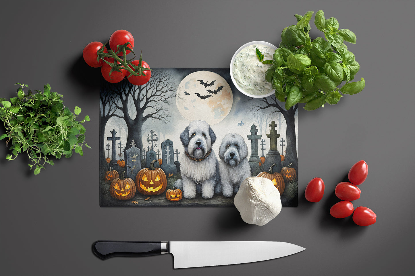 Old English Sheepdog Spooky Halloween Glass Cutting Board