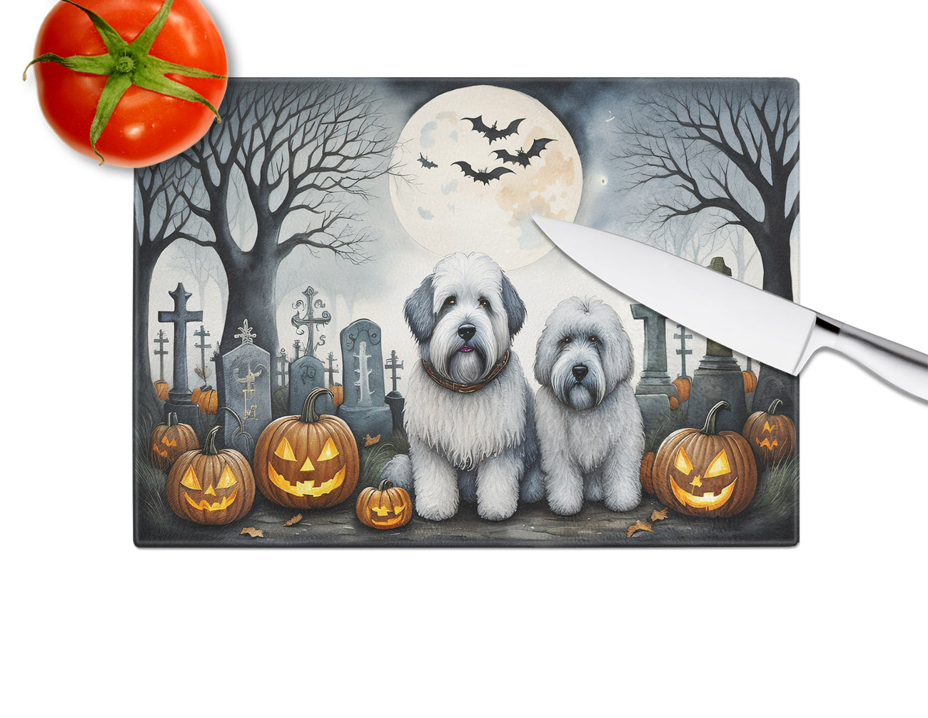 Old English Sheepdog Spooky Halloween Glass Cutting Board