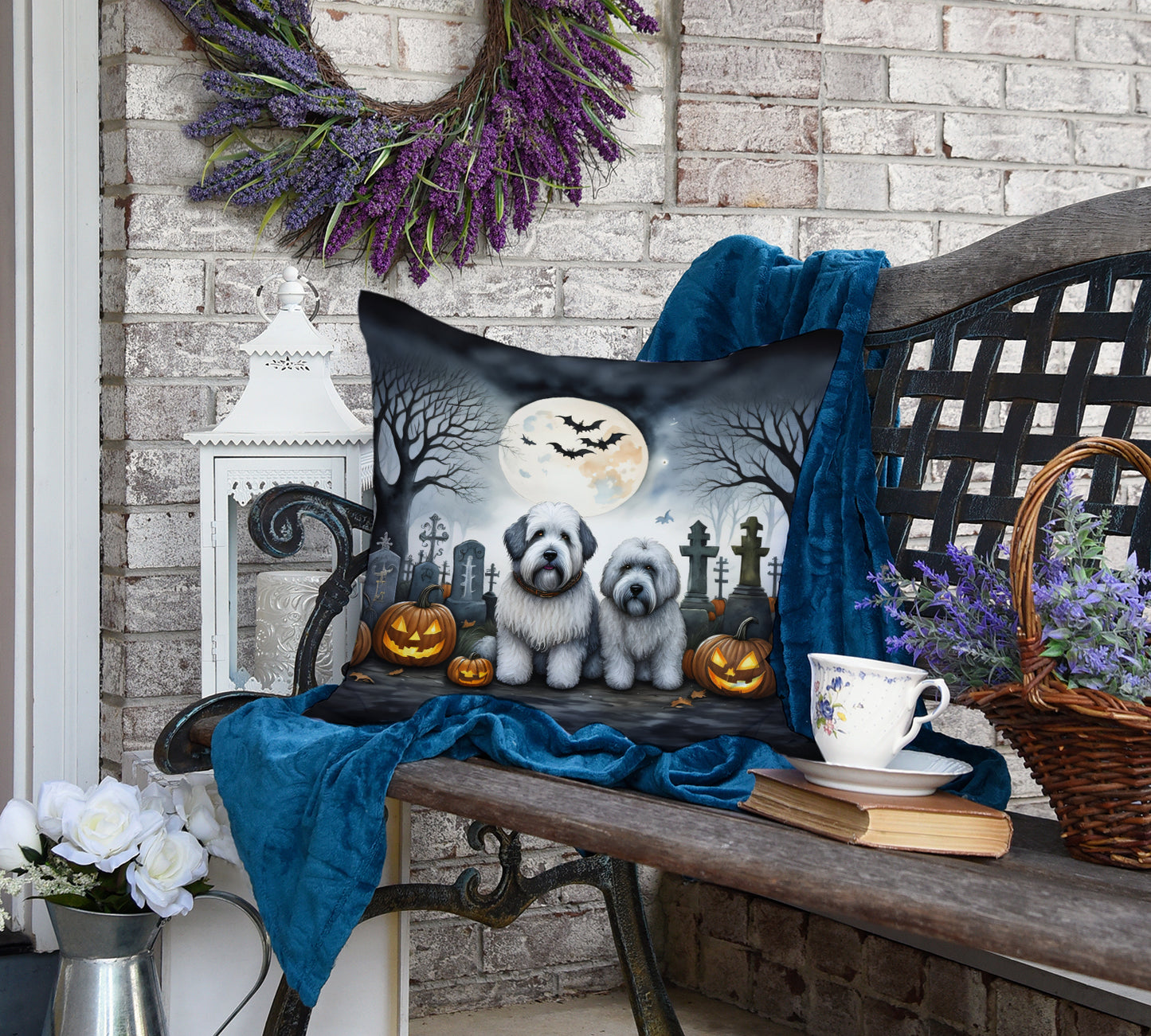 Old English Sheepdog Spooky Halloween Throw Pillow