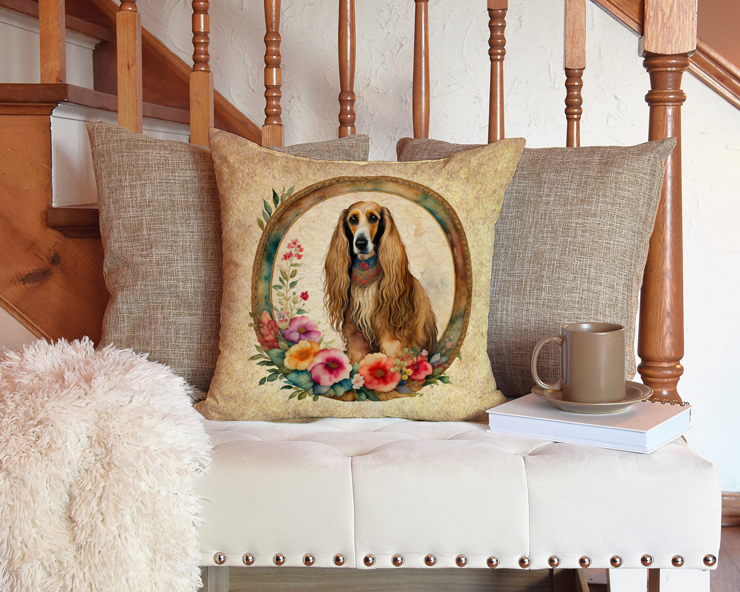 Afghan Hound and Flowers Throw Pillow