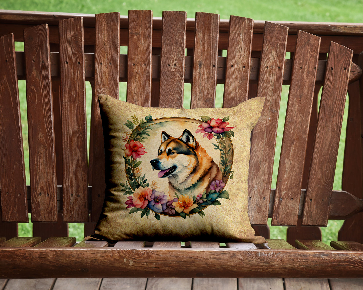 Akita and Flowers Throw Pillow