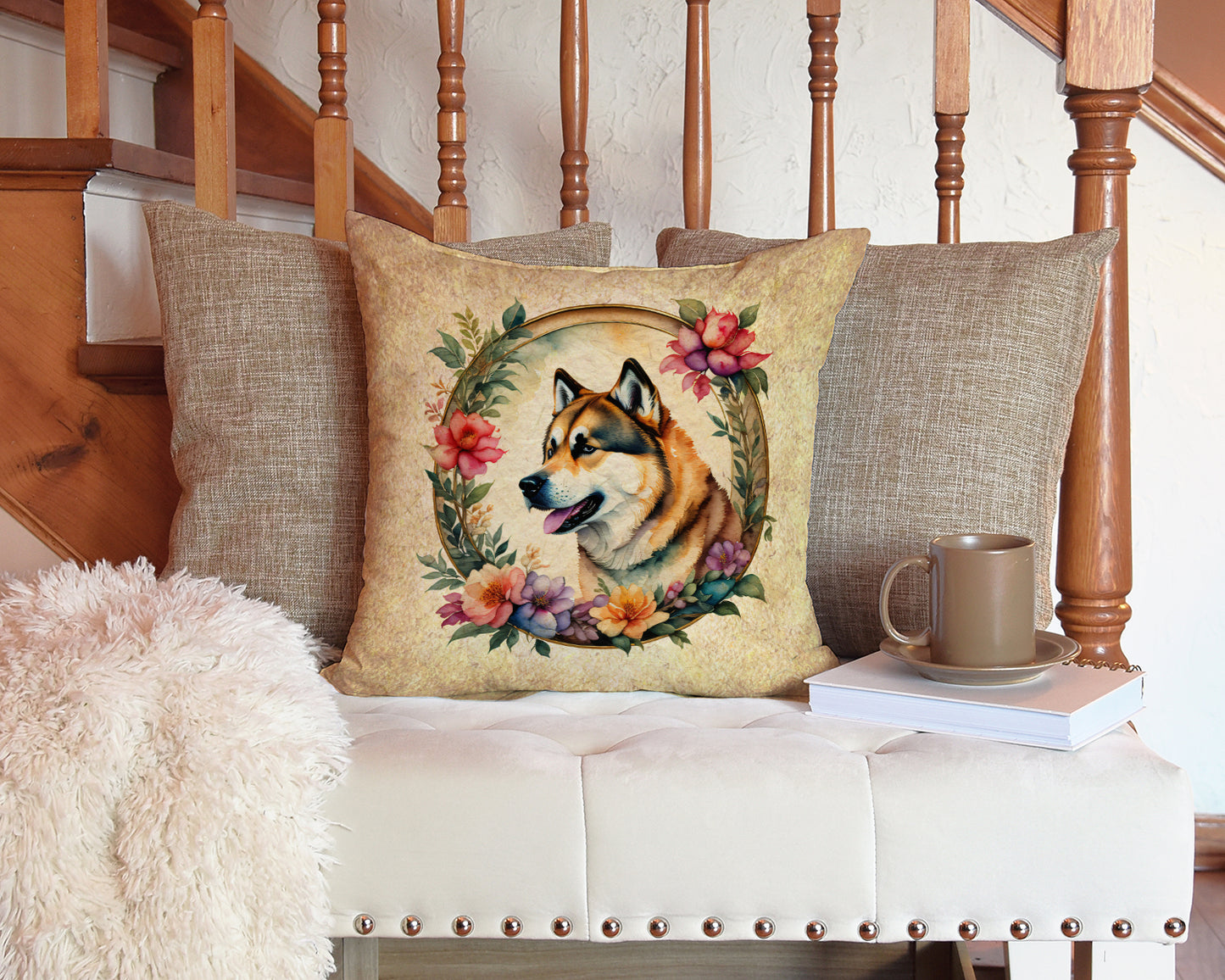 Akita and Flowers Throw Pillow