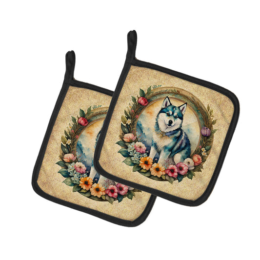 Buy this Alaskan Klee Kai and Flowers Pair of Pot Holders