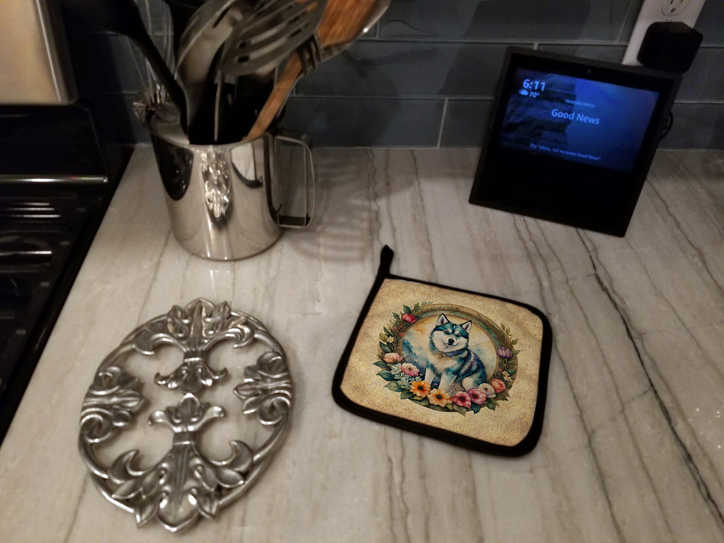 Alaskan Klee Kai and Flowers Pair of Pot Holders