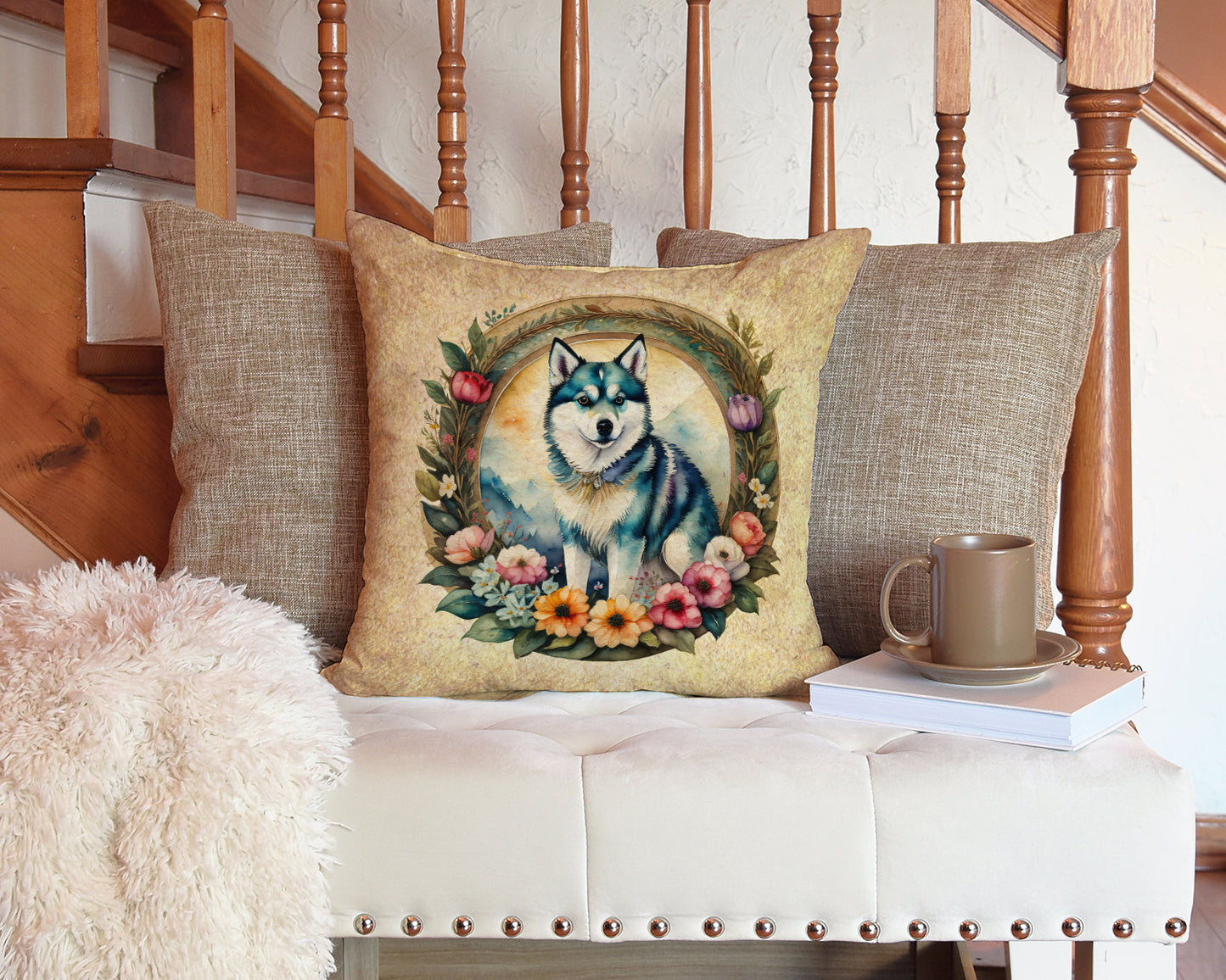 Alaskan Klee Kai and Flowers Throw Pillow