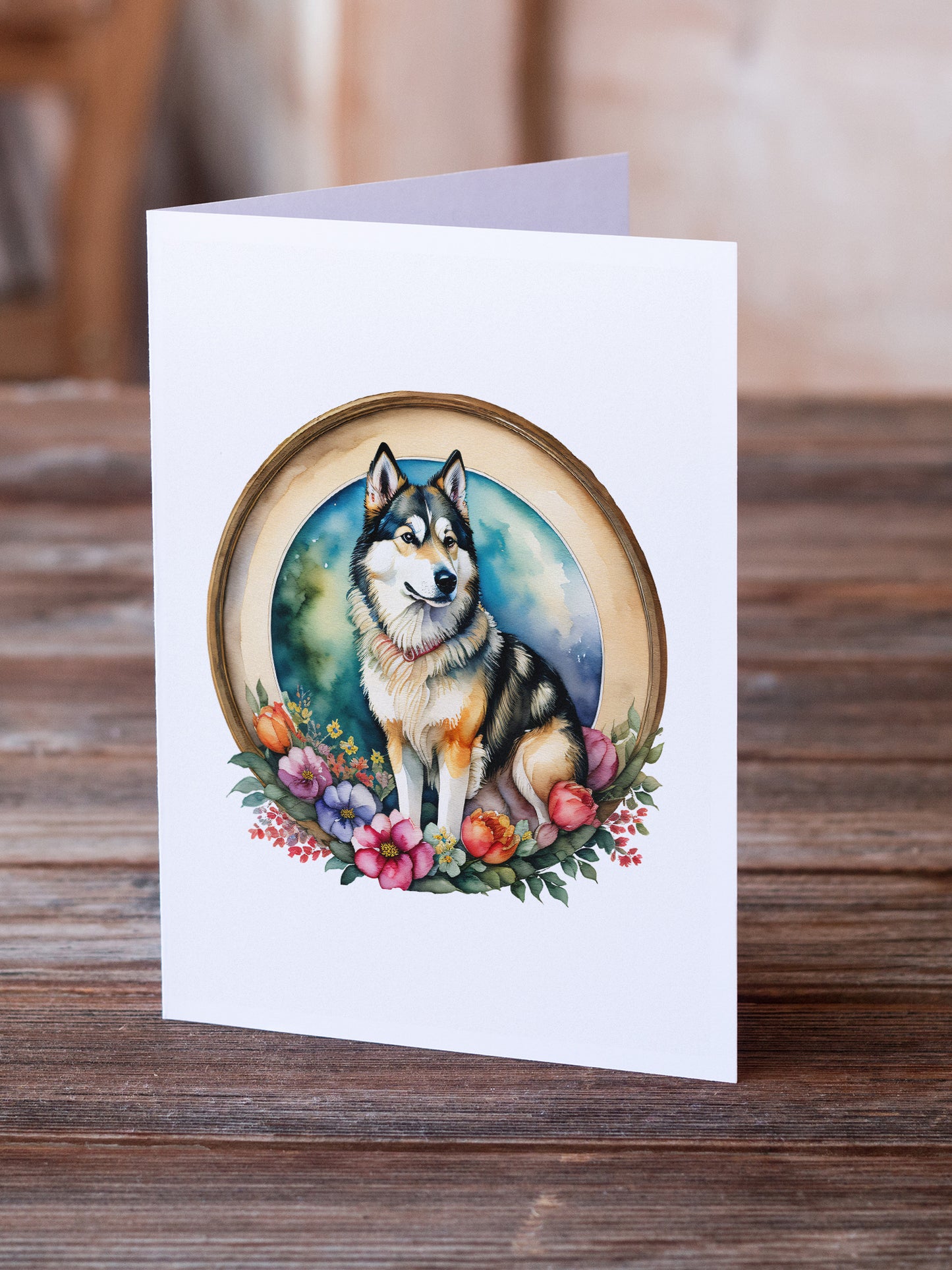 Alaskan Malamute and Flowers Greeting Cards Pack of 8