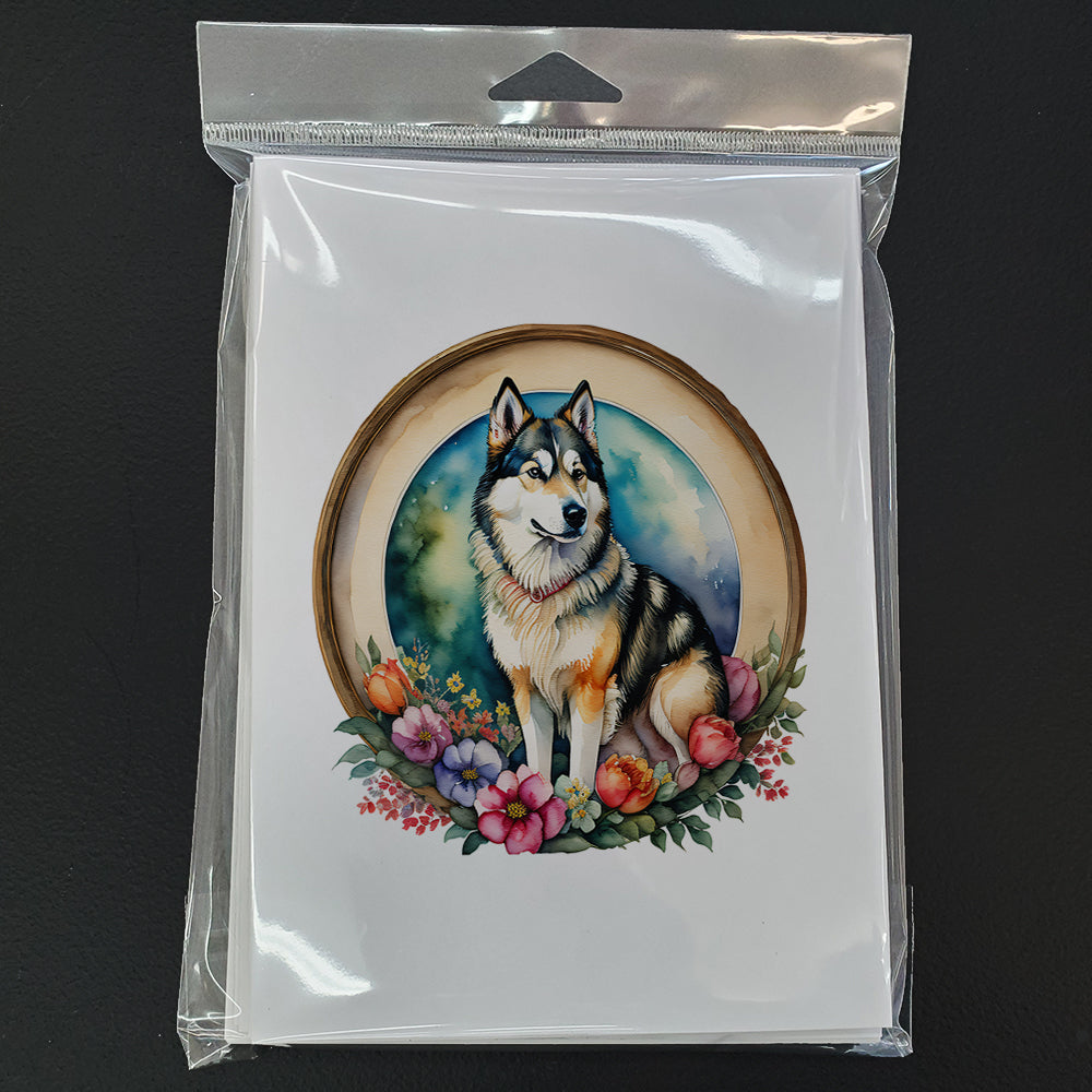 Alaskan Malamute and Flowers Greeting Cards Pack of 8