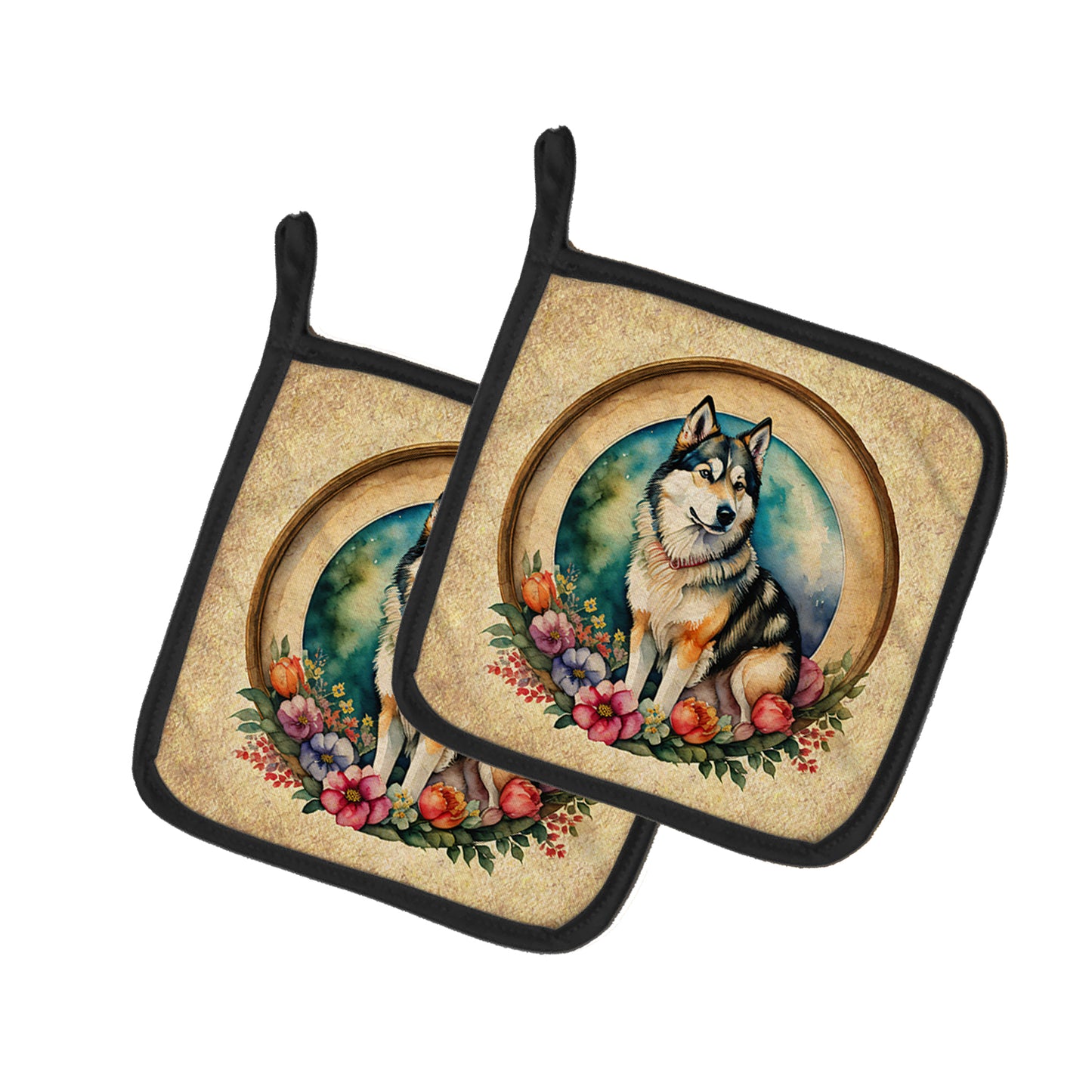 Buy this Alaskan Malamute and Flowers Pair of Pot Holders