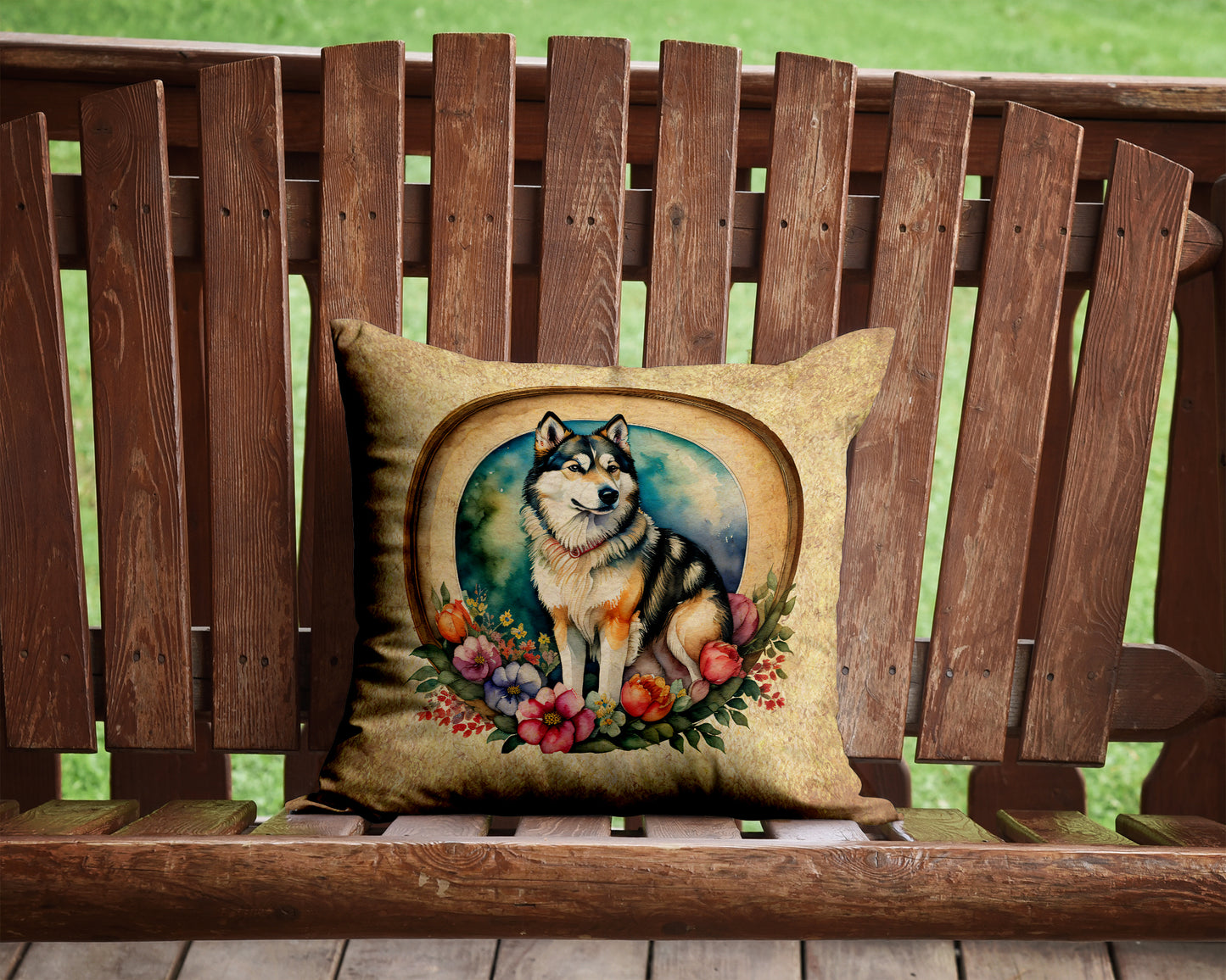 Alaskan Malamute and Flowers Throw Pillow