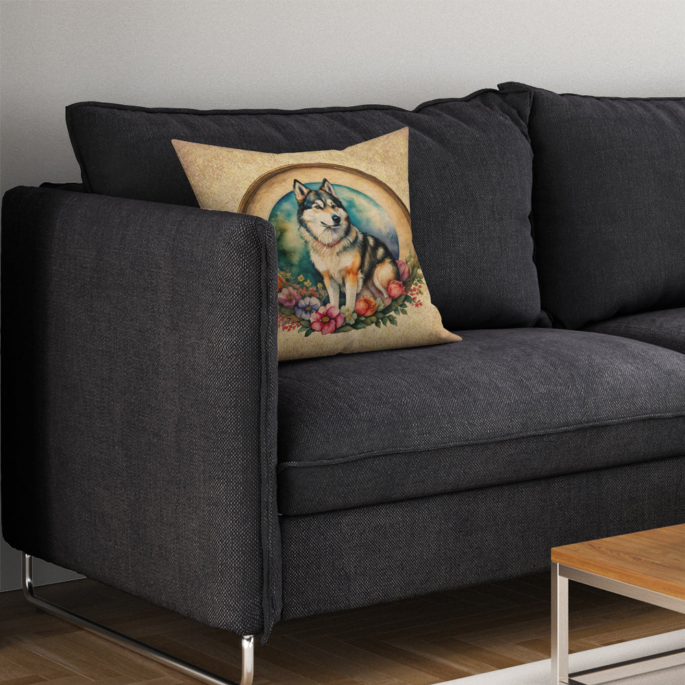 Alaskan Malamute and Flowers Throw Pillow