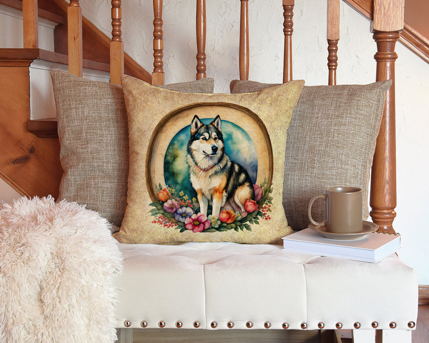 Alaskan Malamute and Flowers Throw Pillow