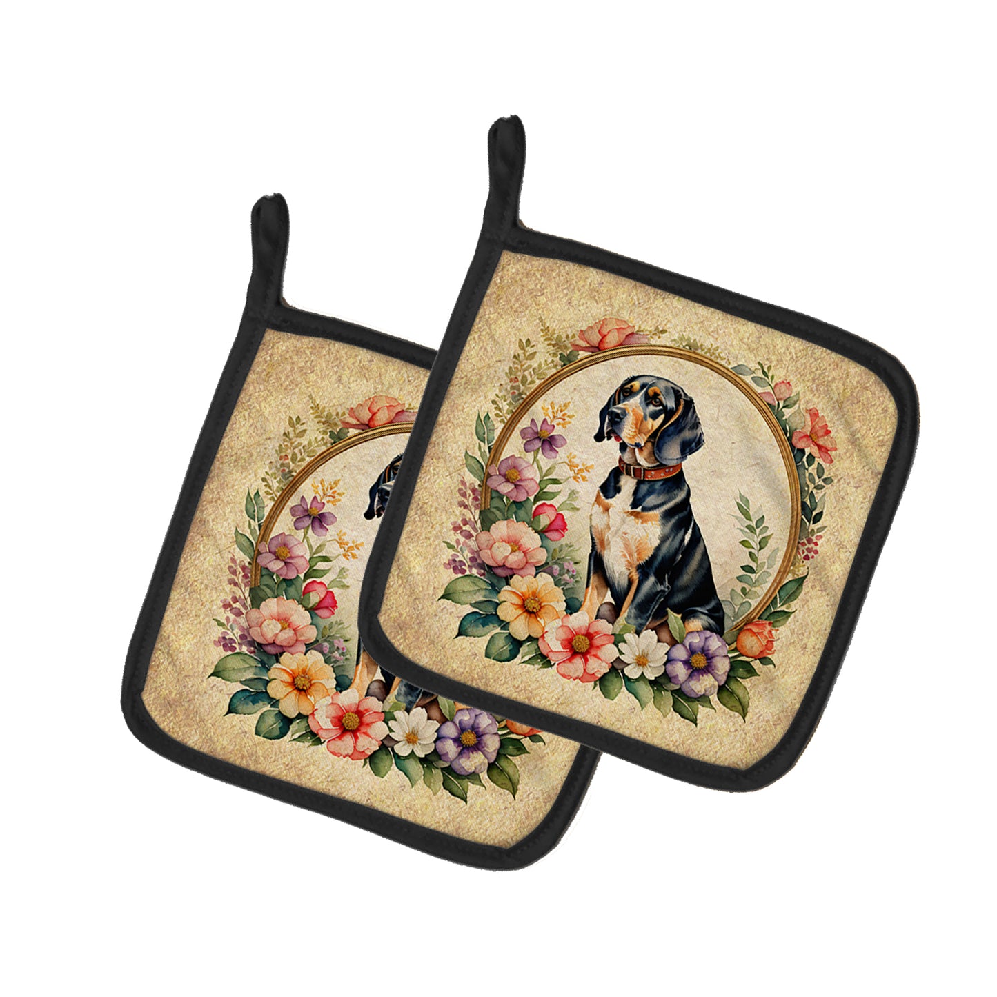 Buy this American English Coonhound and Flowers Pair of Pot Holders