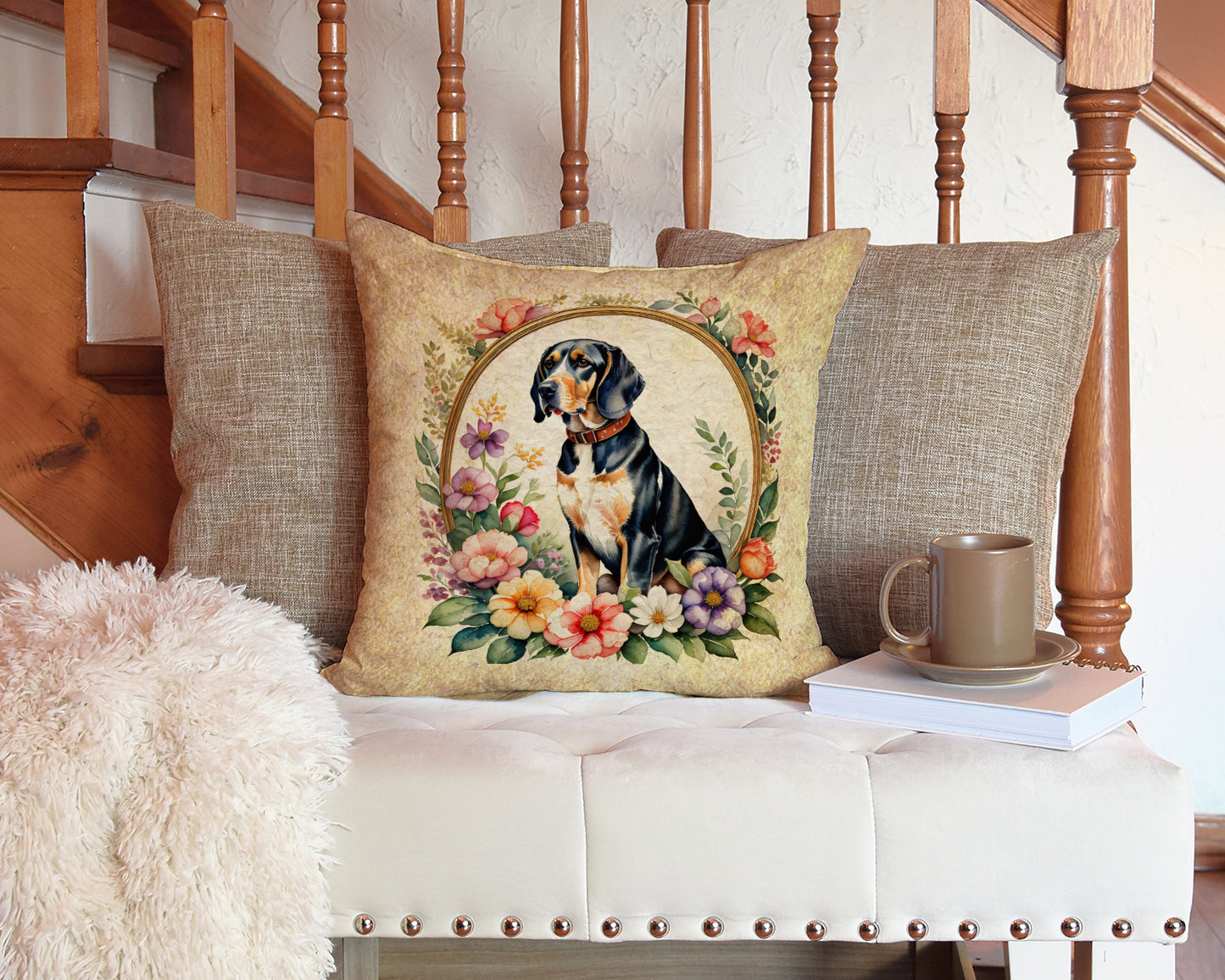 American English Coonhound and Flowers Throw Pillow