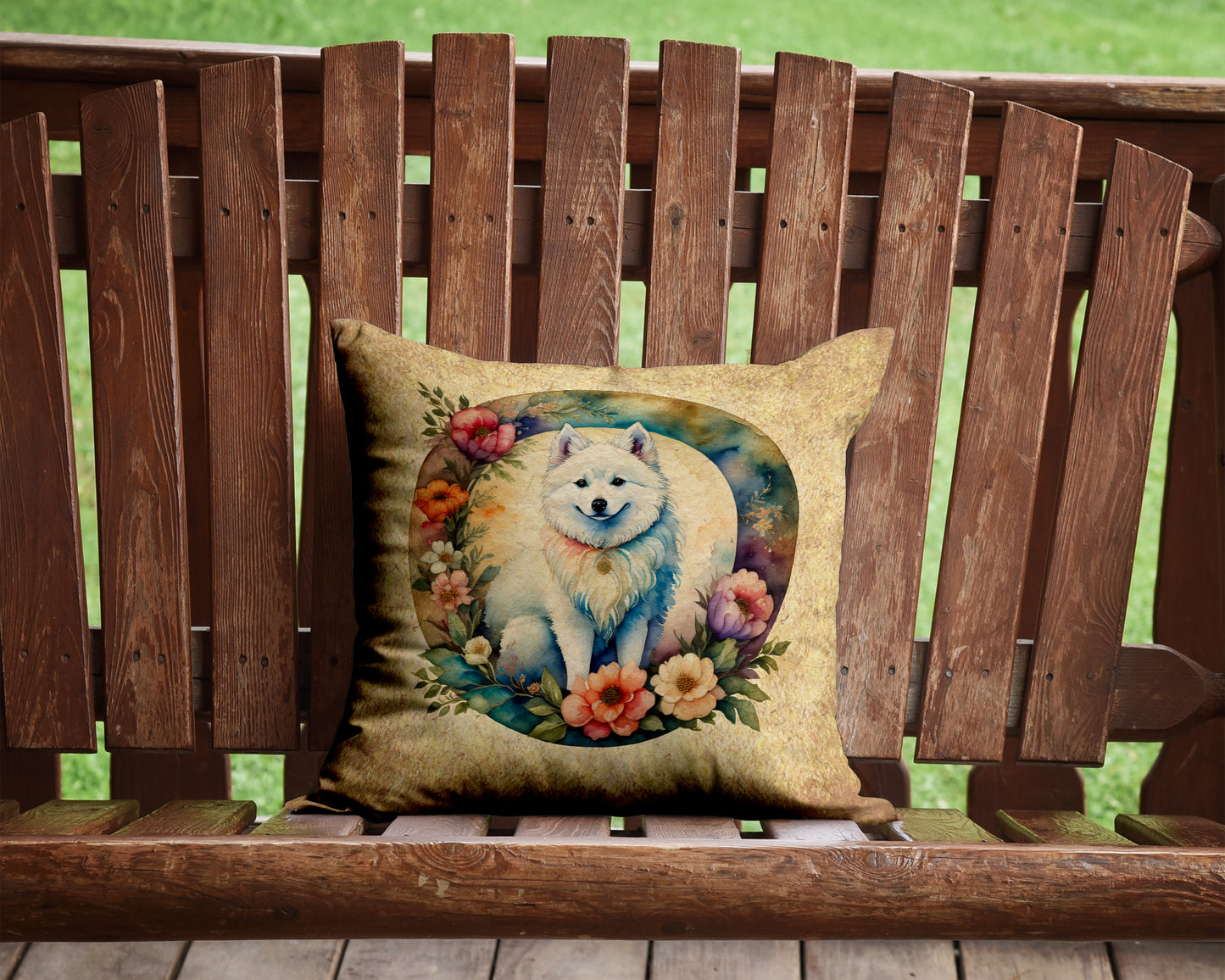 American Eskimo and Flowers Throw Pillow