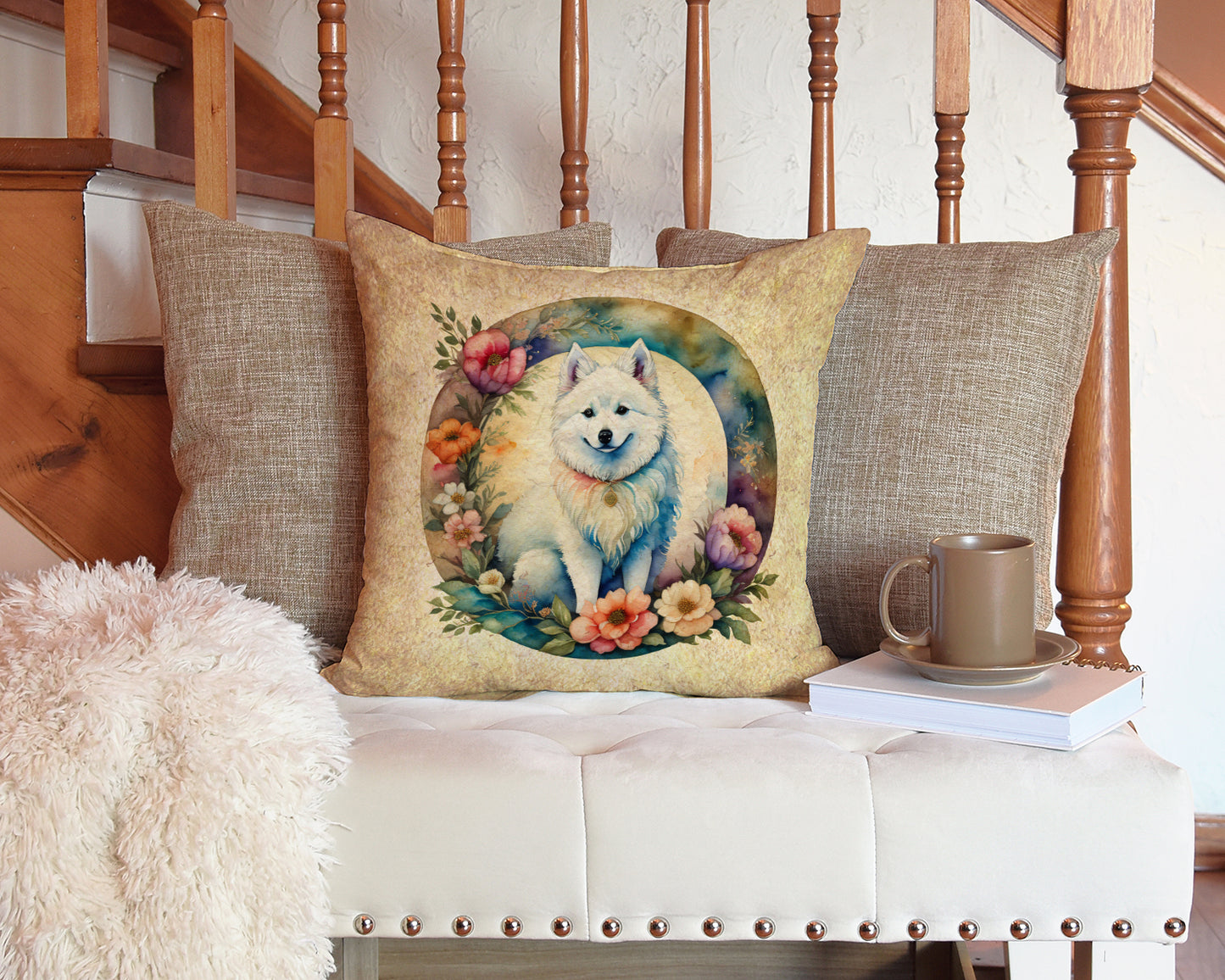 American Eskimo and Flowers Throw Pillow