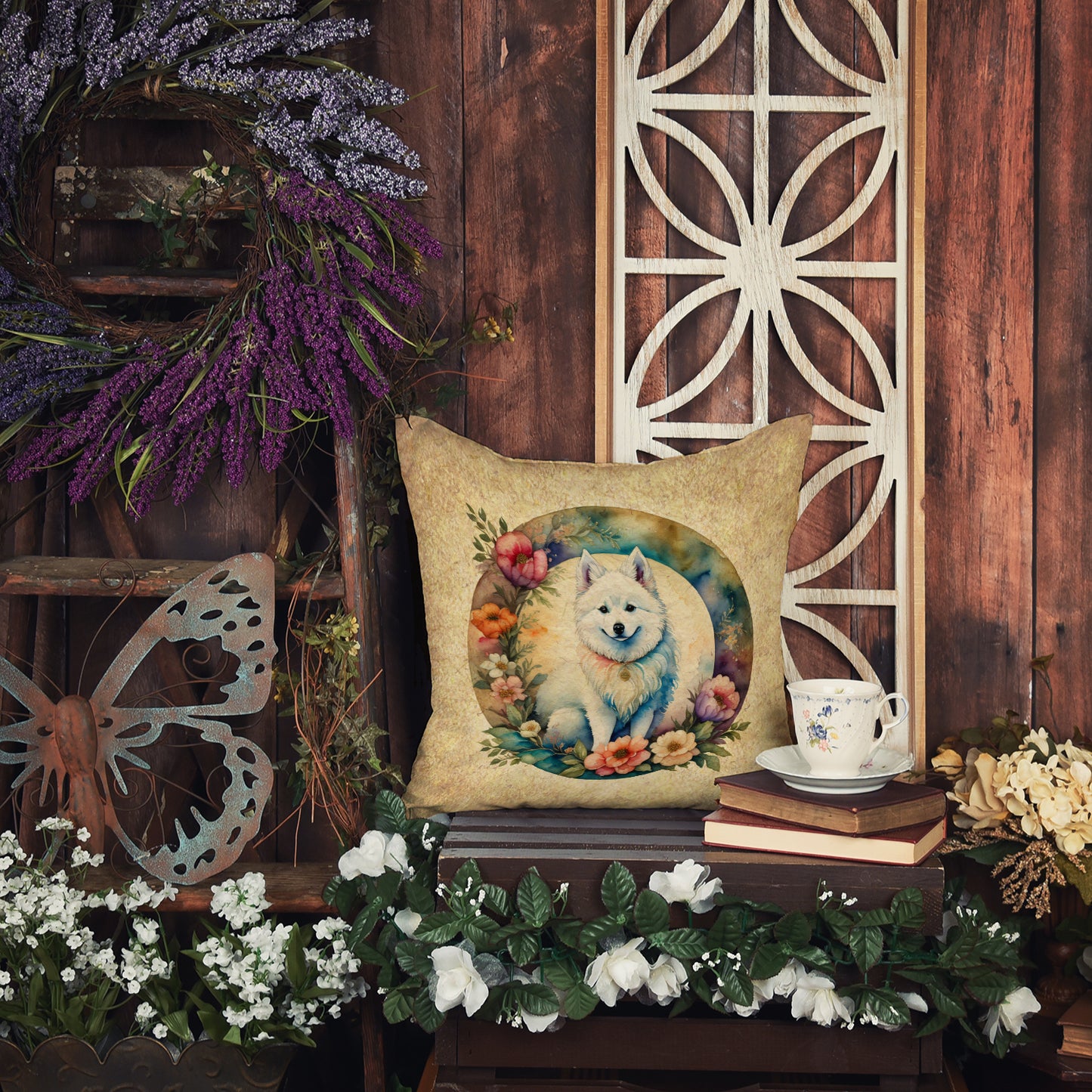 American Eskimo and Flowers Throw Pillow