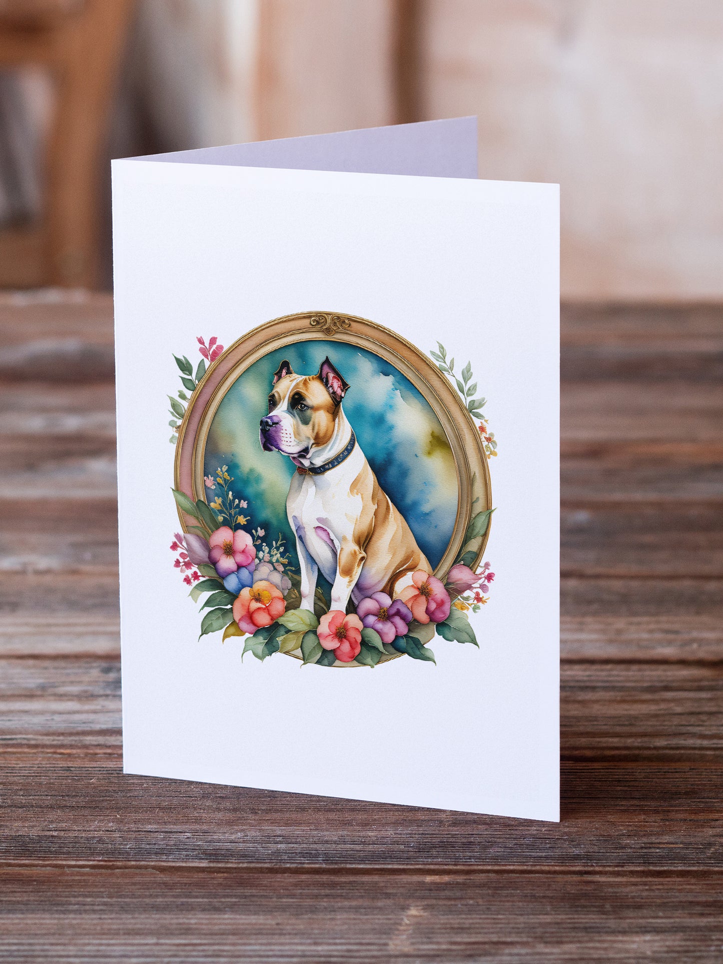 American Staffordshire Terrier and Flowers Greeting Cards Pack of 8