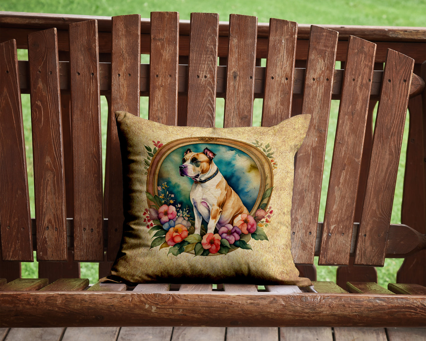 American Staffordshire Terrier and Flowers Throw Pillow