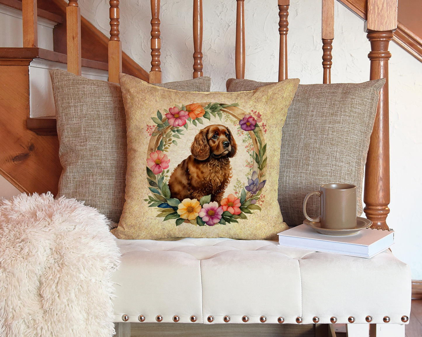 American Water Spaniel and Flowers Throw Pillow