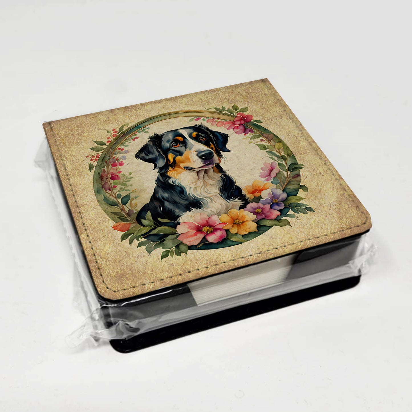 Appenzeller Sennenhund and Flowers PU Leather Note Paper Holder
