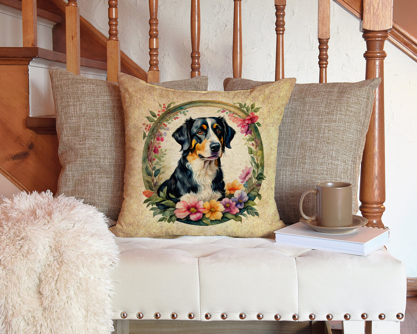 Appenzeller Sennenhund and Flowers Throw Pillow