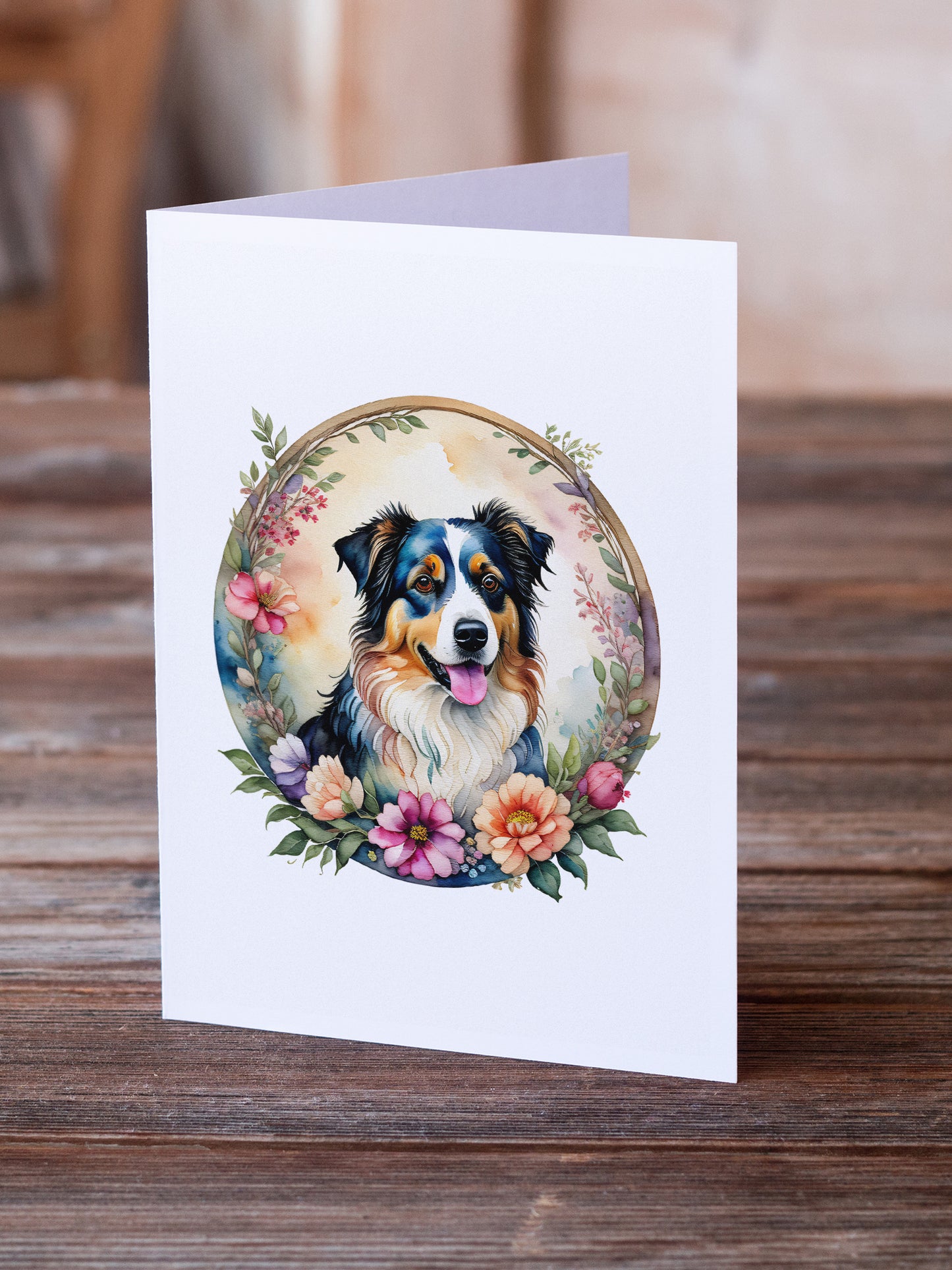 Australian Shepherd and Flowers Greeting Cards Pack of 8