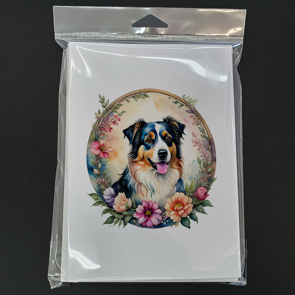 Australian Shepherd and Flowers Greeting Cards Pack of 8