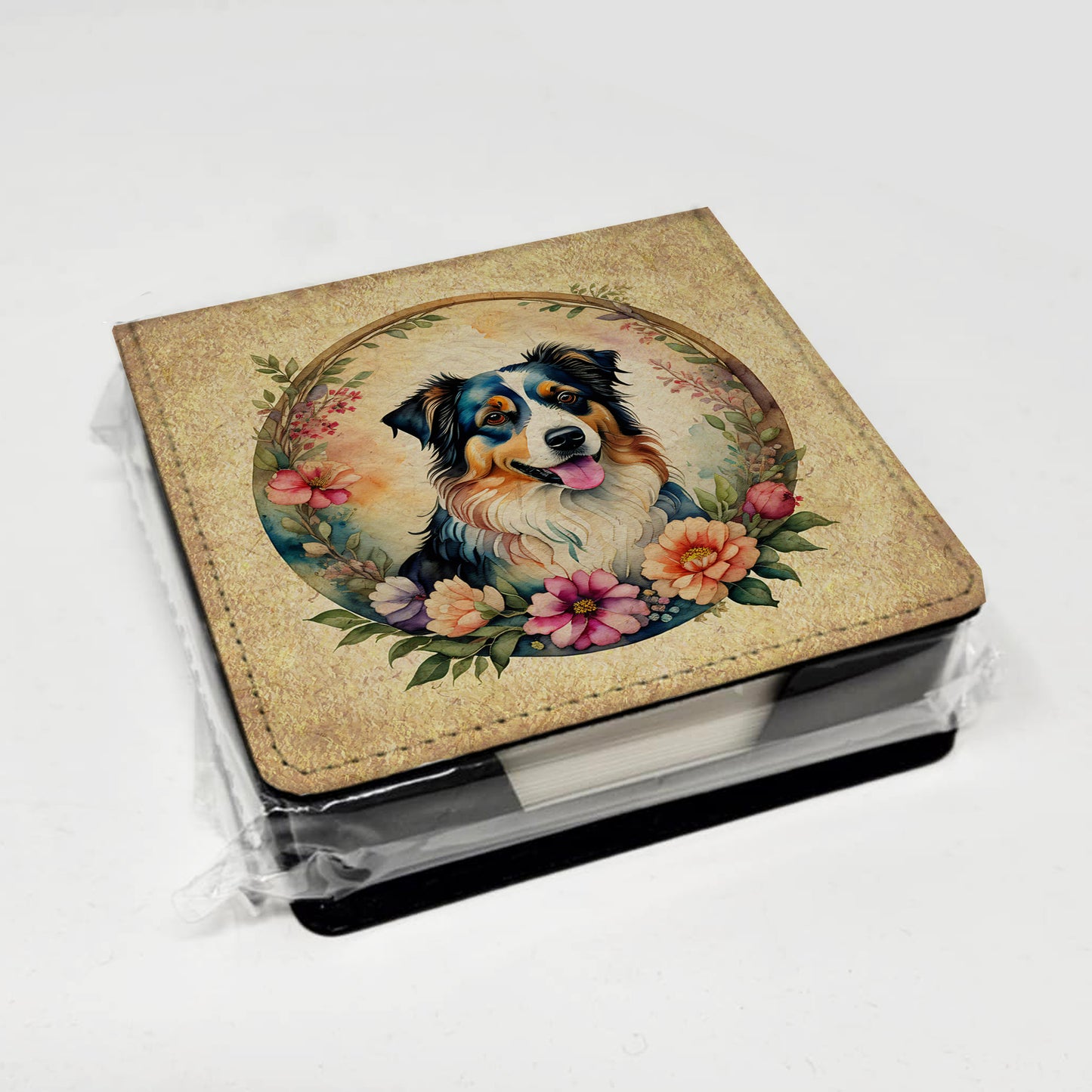 Australian Shepherd and Flowers PU Leather Note Paper Holder