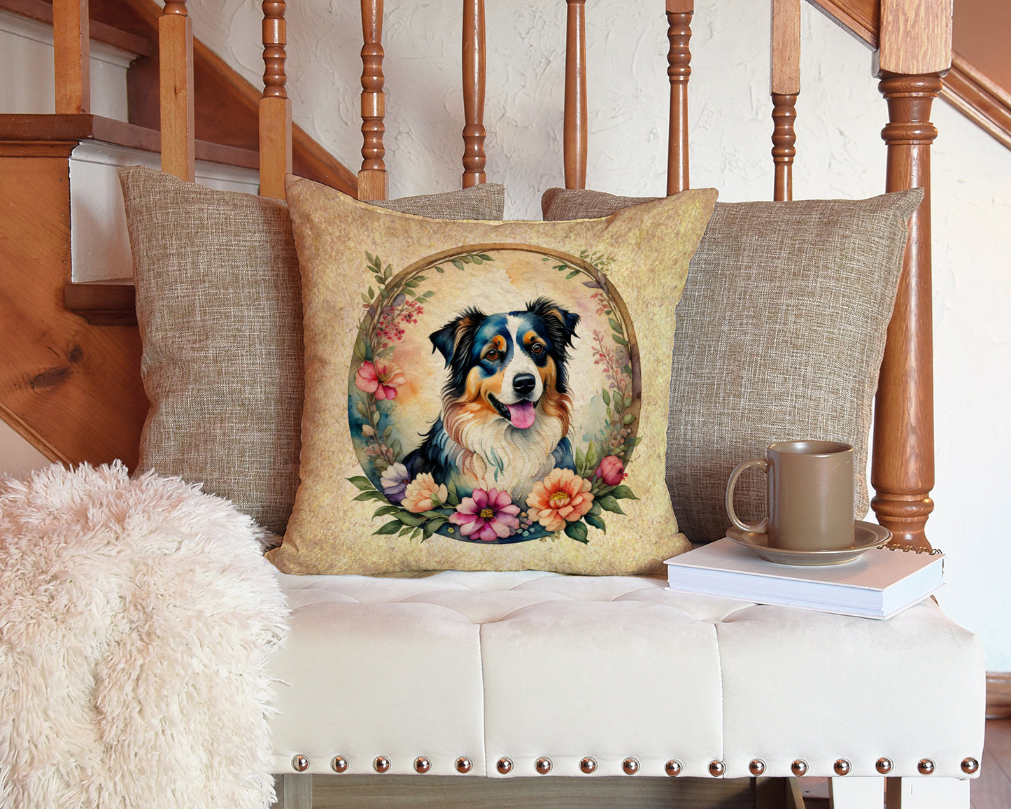 Australian Shepherd and Flowers Throw Pillow